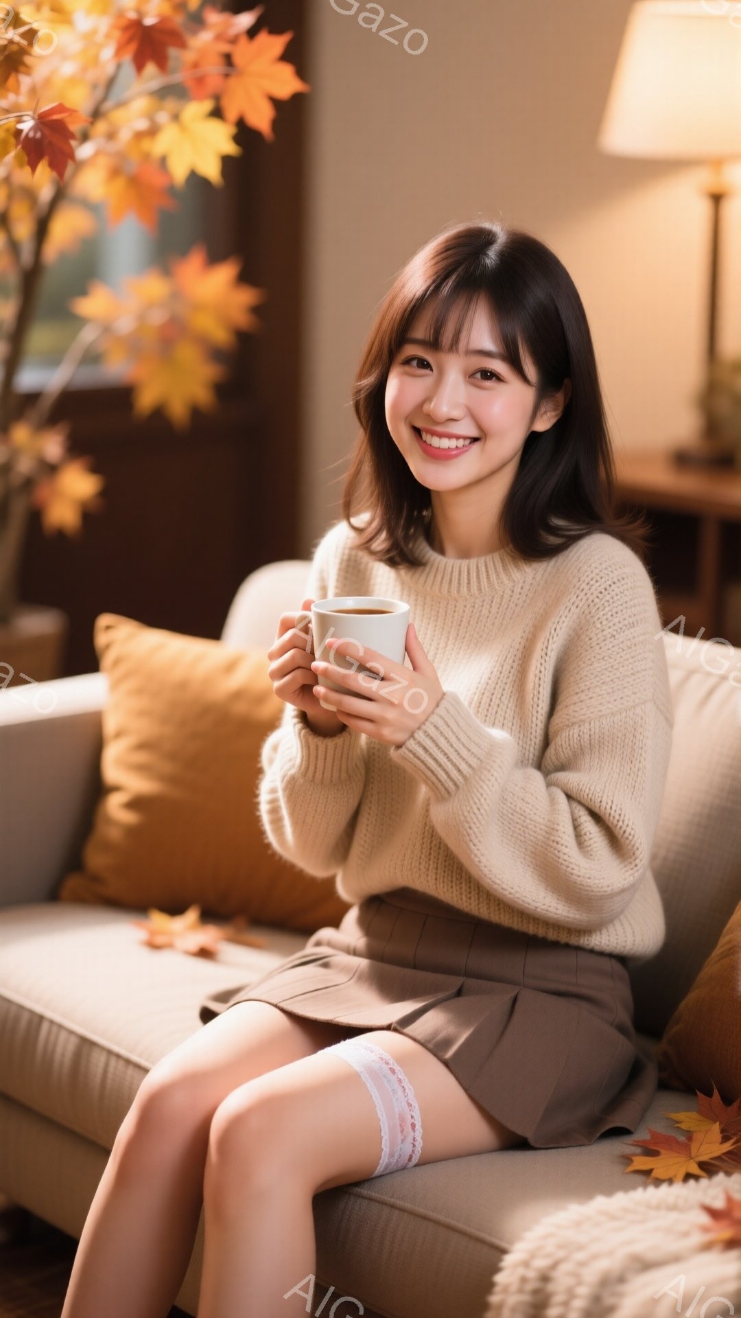 明るい笑顔を浮かべた女性が、ベージュ色のセーターとミニスカートを身につけ、ソファに座って温かい飲み物を手にしています。彼女の髪は肩までの長さで、前髪が少しふさふさしています。背景には、紅葉した木々と暖色系のインテリアがあり、温かく落ち着いた秋の雰囲気を醸し出しています。
