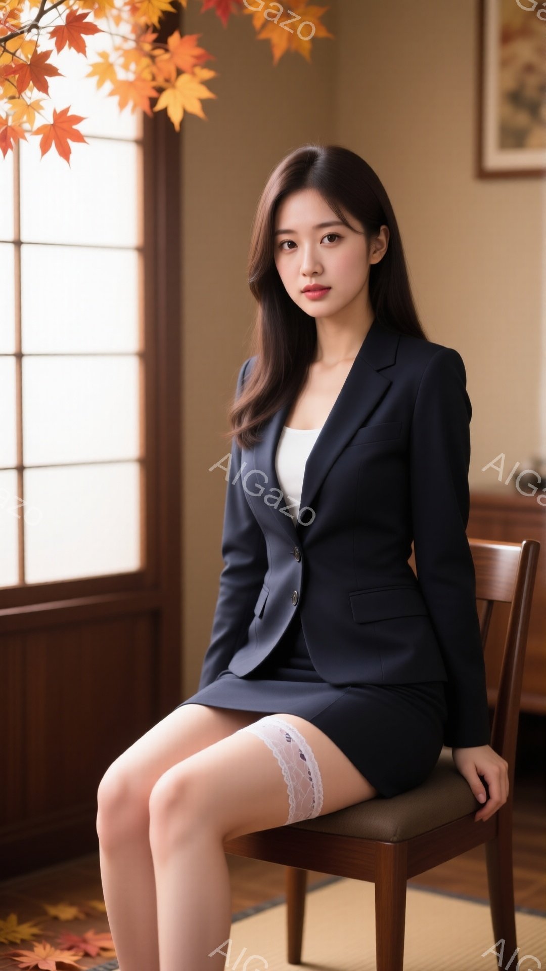 モデルは、紺色のジャケットとスカートのスーツを着て椅子に座っています。彼女はストレートの黒髪で、少し微笑んでいます。背景には畳の部屋と、窓から見える紅葉の木が見え、落ち着いた雰囲気です。 - AI生成フリー素材