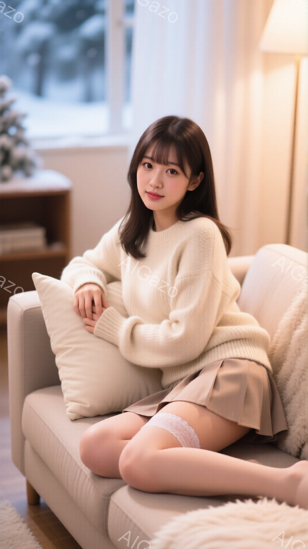 長い茶色の髪を肩まで下ろし、前髪が眉毛にかかる女性が、ベージュ色のソファに座っています。彼女はオフホワイトのざっくりとしたセーターと、クリーム色のミニスカートを身に着け、膝を曲げて座り、片方の腕でクッションを抱えています。背景には白い棚と、雪景色が見える窓があり、暖かく穏やかな雰囲気が漂っています。