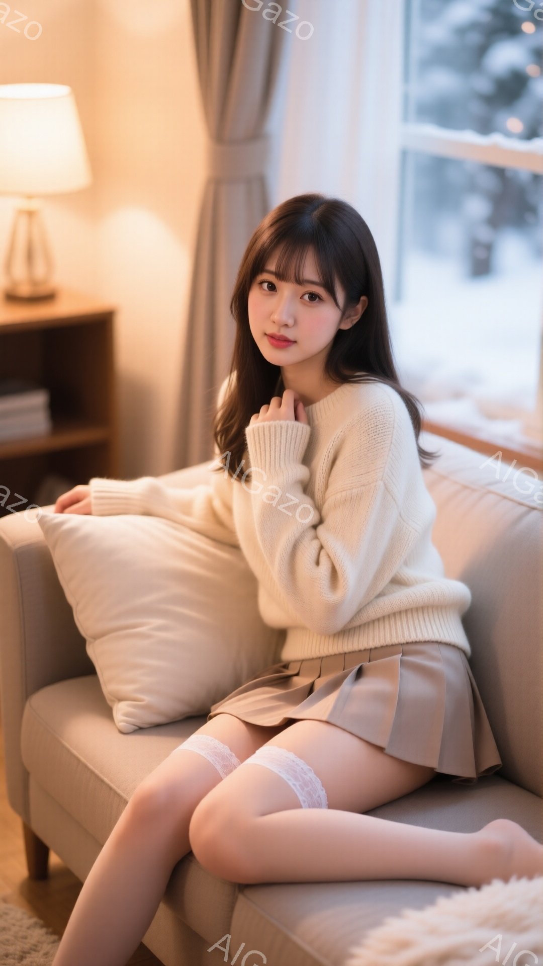 明るい茶髪のロングヘアに前髪を作った女性が、ベージュのニットセーターとミニスカートを身につけてソファに座っています。彼女は少し微笑み、リラックスした姿勢で、太ももにはレースのガーターベルトを着用してい - AI生成フリー素材