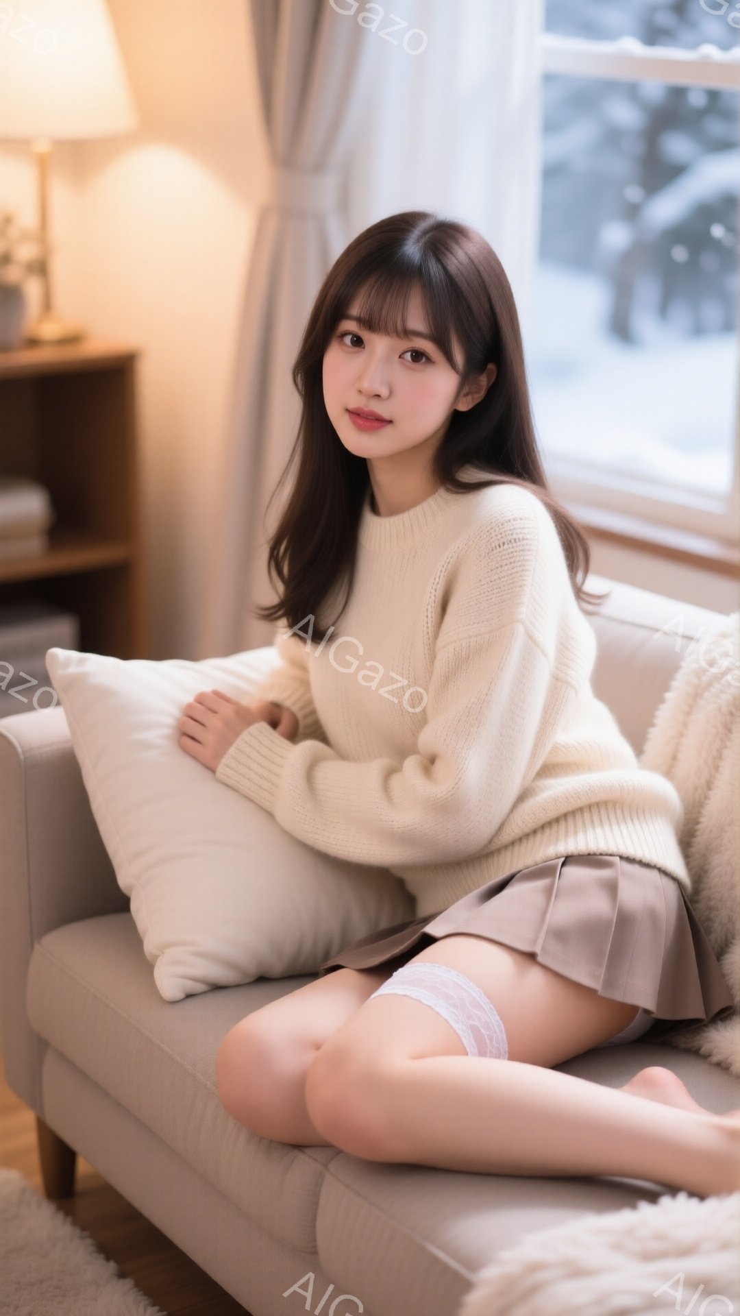 長い茶色の髪を肩にかけた若い女性が、ベージュのソファに座っています。彼女はオフホワイトのニットセーターと、ベージュのプリーツスカートを身に着けており、足元は素足で白いレースの縁取りが付いています。窓の外には雪景色が広がり、室内は温かく穏やかな雰囲気です。
