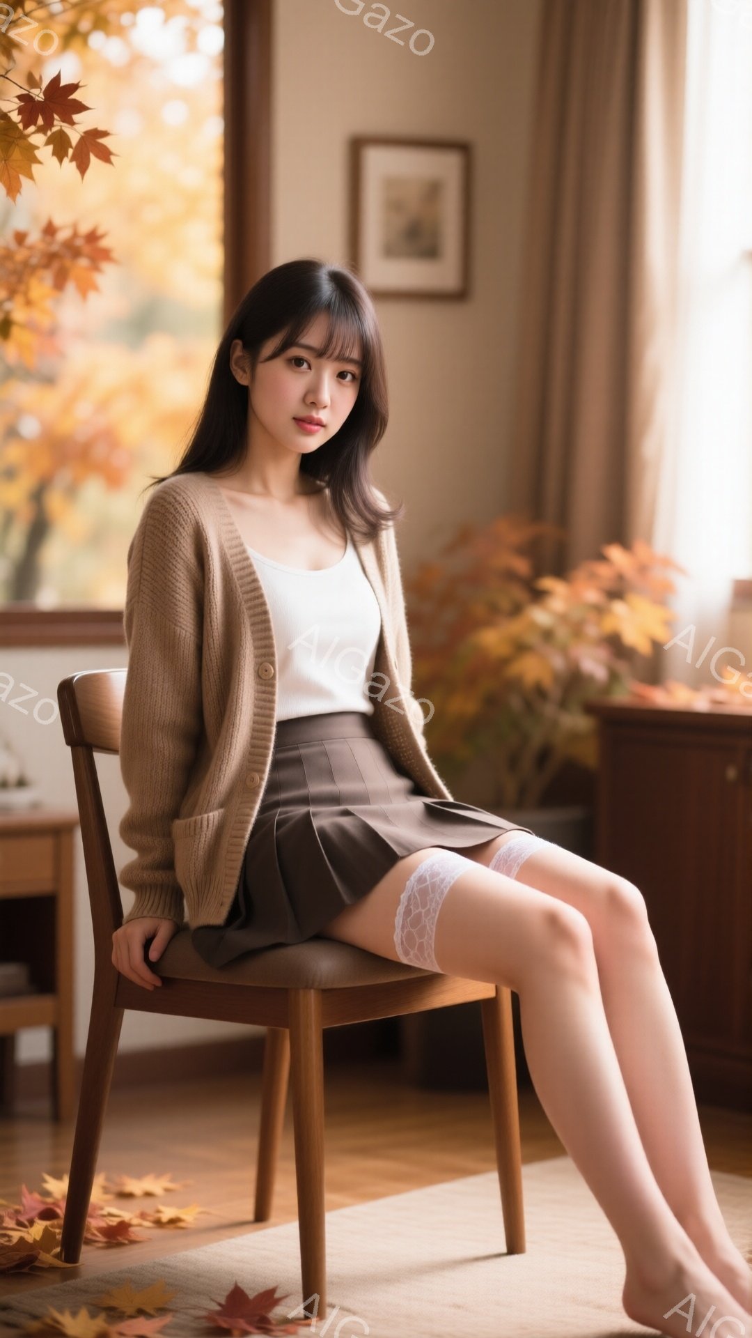 モデルはベージュのカーディガンと白いタンクトップ、茶色のプリーツスカートを身に着けて椅子に座っています。彼女は長い黒髪で、少し微笑んでいます。背景には紅葉の木々と、暖かい光が差し込む窓があり、秋の穏やかな雰囲気が漂っています。