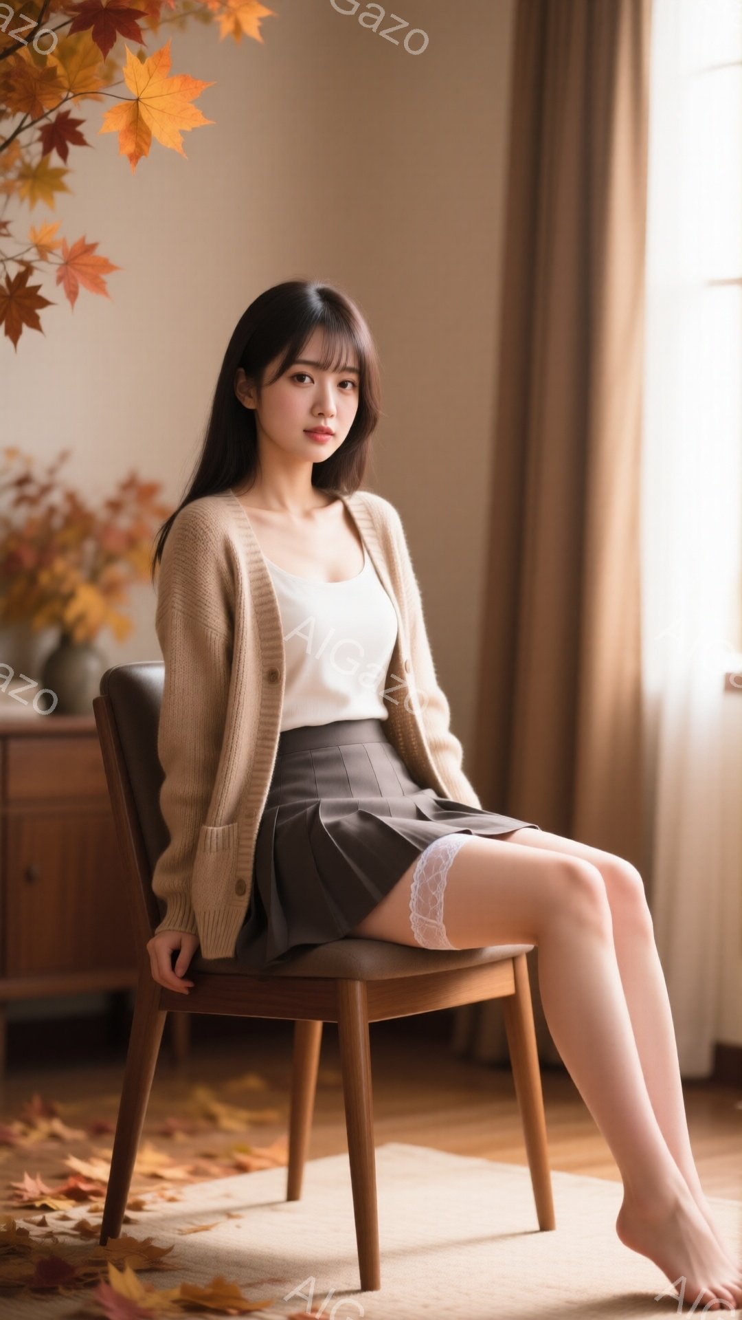 長い黒髪をセンターパートにした女性が、ベージュのカーディガンと白いタンクトップ、そして茶色のプリーツスカートを身につけて椅子に座っています。彼女は足を組み、少し微笑んでカメラを見ており、表情は穏やかで - AI生成フリー素材