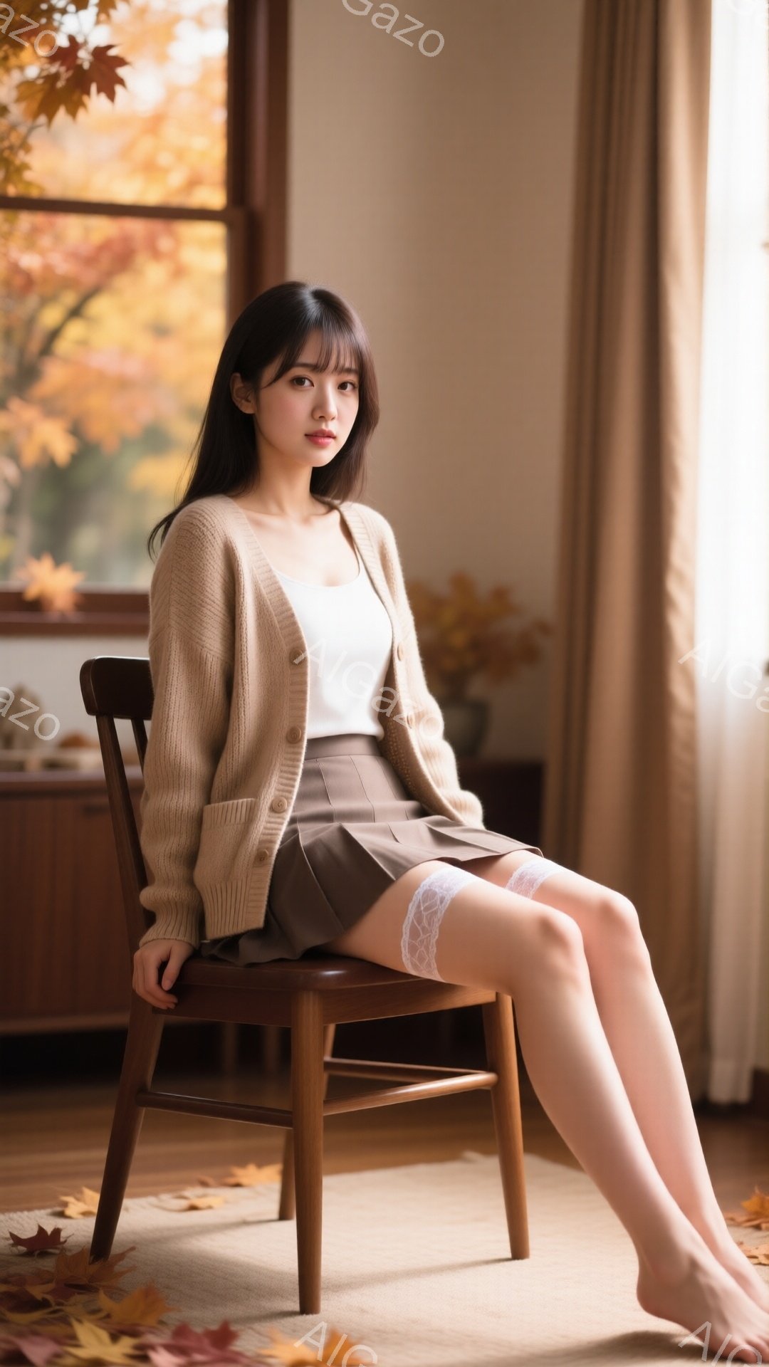 長い黒髪で、前髪は眉毛にかかるようにカットされた若い女性が、明るい茶色のカーディガンと白いタンクトップ、そして茶色のプリーツスカートを身に着けて椅子に座っています。彼女は足元を素足にしており、白いレースのフリルソックスを履いています。背景には木々と紅葉が広がる窓があり、床には落ち葉が散らばり、秋の穏やかで落ち着いた雰囲気を醸し出しています。