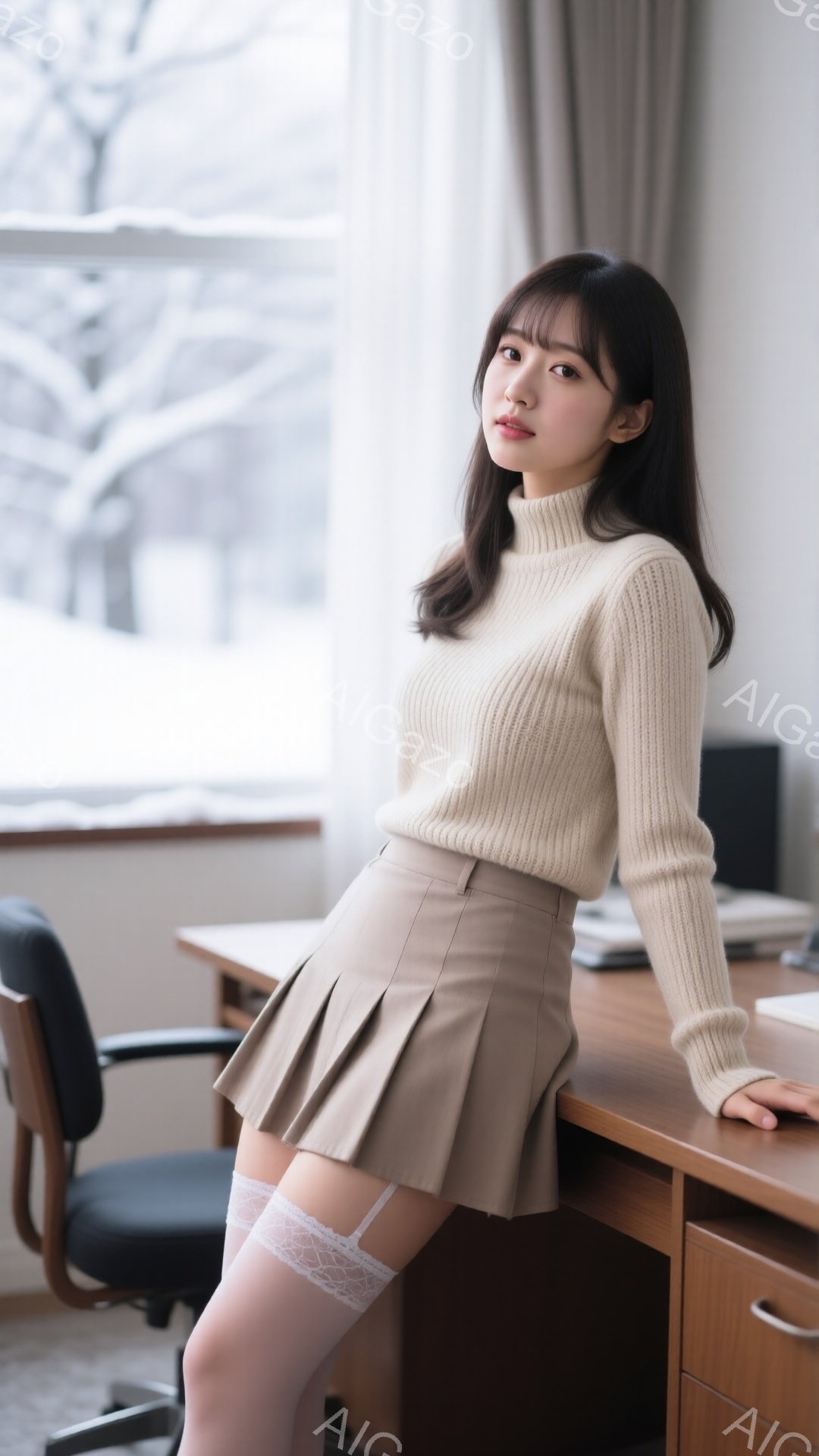 明るい茶色のセーターとプリーツスカートを身に着けた若い女性が写っています。彼女は椅子に片足を乗せ、机にもたれかかっており、少し微笑んでいます。背景には窓があり、雪景色が見え、部屋は落ち着いた雰囲気です - AI生成フリー素材