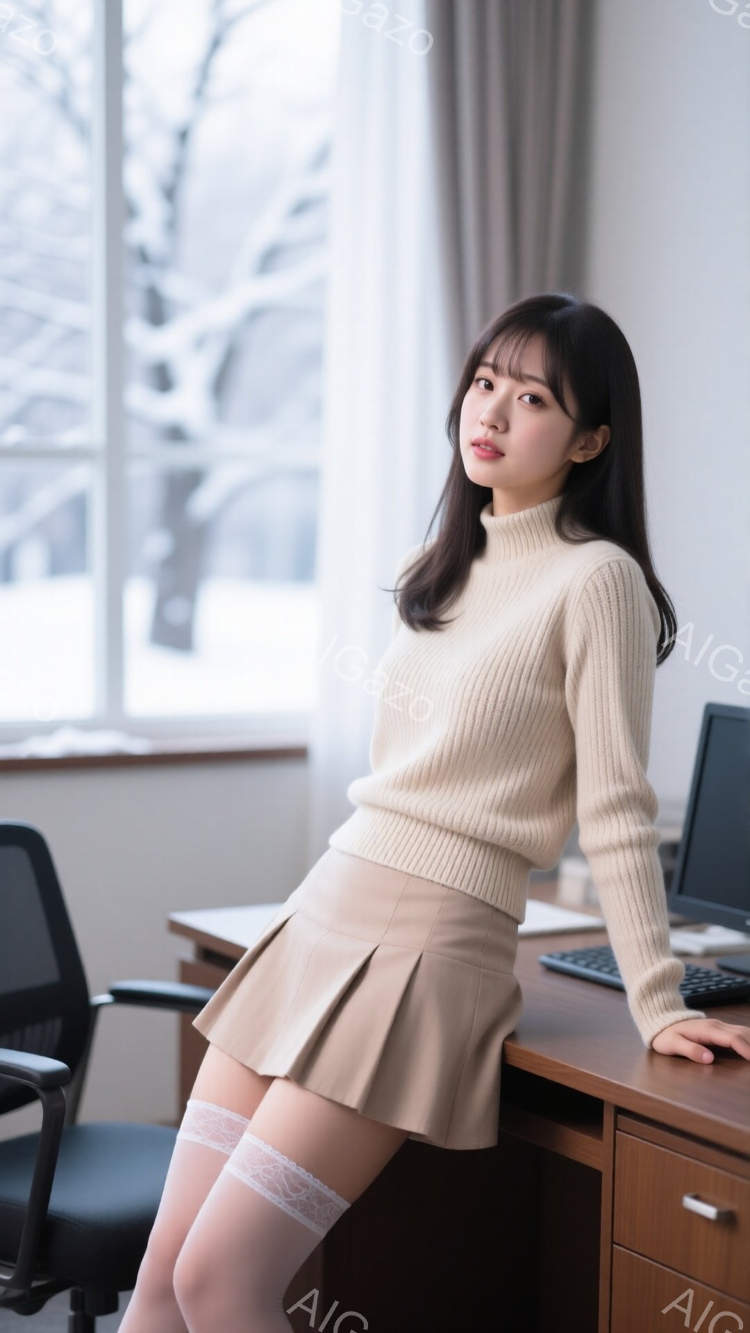 長いダークブラウンの髪に前髪がぱっつんと切られた女性が、ベージュのニットセーターとプリーツスカートを身につけている。彼女はオフィスらしき場所の机にもたれかかり、少し微笑んでいる。背景には窓から見える雪 - AI生成フリー素材
