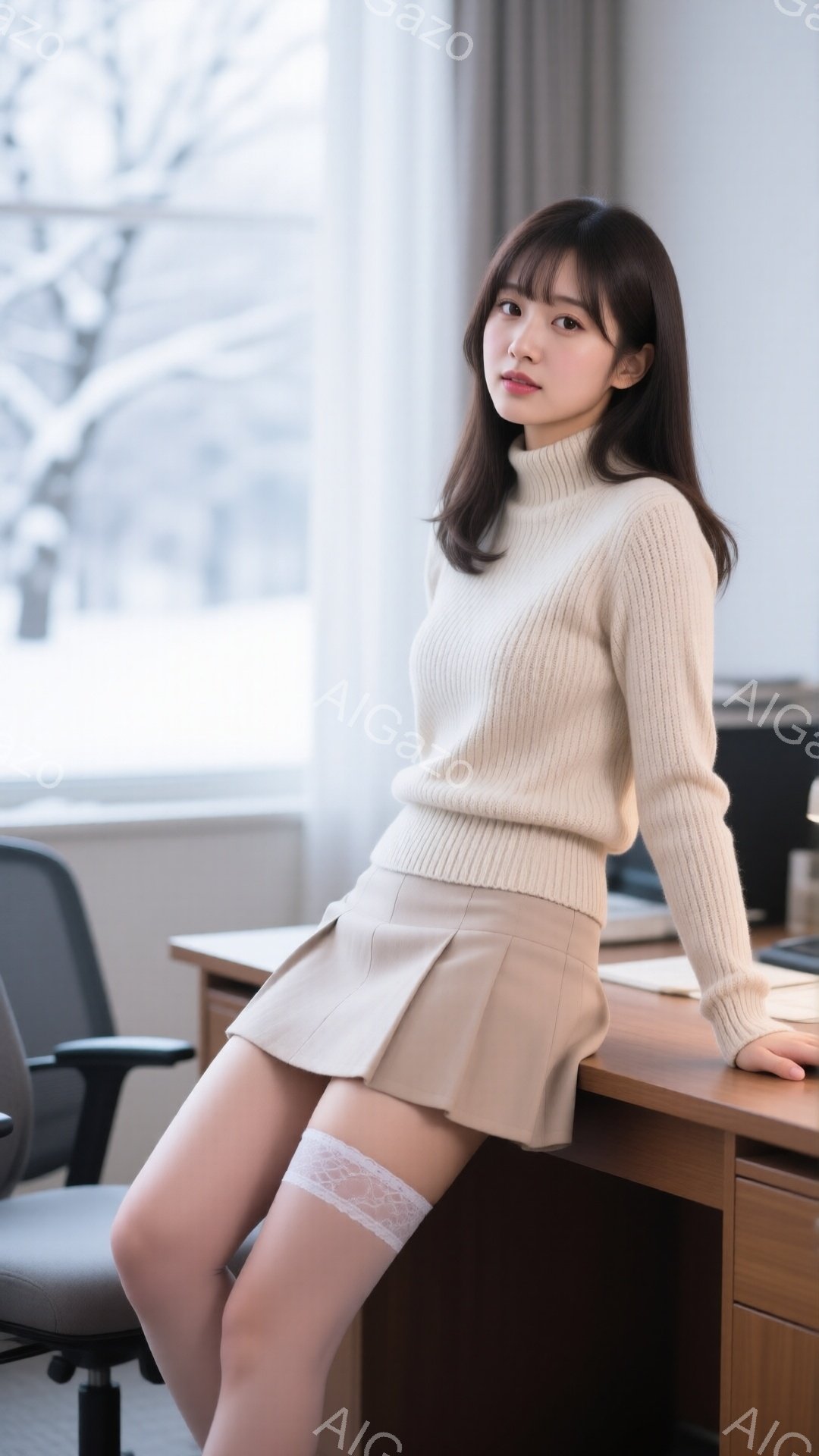 明るいベージュのセーターと短いプリーツスカートを身につけた若い女性が写っています。彼女は椅子に浅く腰掛け、机に片手を添え、穏やかな微笑みを浮かべています。背景には、窓から見える冬の風景がぼんやりと見え - AI生成フリー素材