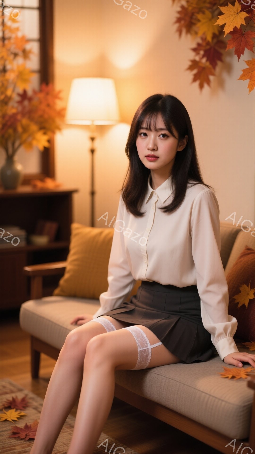 長い茶色の髪を持つ若い女性が、明るいベージュのソファに座っています。オフホワイトの長袖ブラウスと黒のプリーツスカートを身につけ、膝の上で手を組んで座り、少し控えめな表情をしています。背景には、オレンジ - AI生成フリー素材