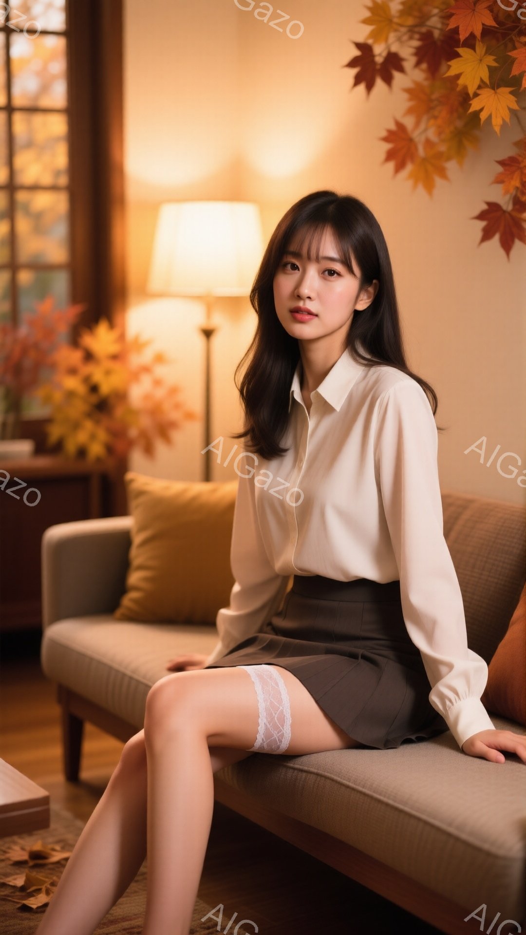 長いダークブラウンの髪をした若い女性が、ベージュのソファに座っています。オフホワイトのシャツと、裾にレースのついたダークグレーのスカートを着用し、落ち着いた表情を浮かべています。背景には、暖色系の葉が - AI生成フリー素材