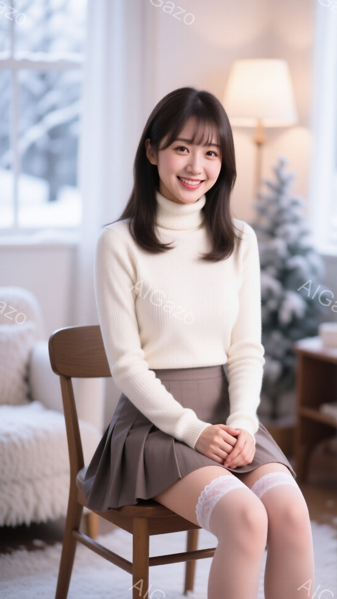 明るい色のセーターと茶色のプリーツスカートを身に着けた女性が椅子に座っています。彼女は微笑んでおり、髪は肩まで届く長さで、前髪があります。背景には、クリスマスツリーや家具が見え、室内が暖かく、穏やかな - AI生成フリー素材
