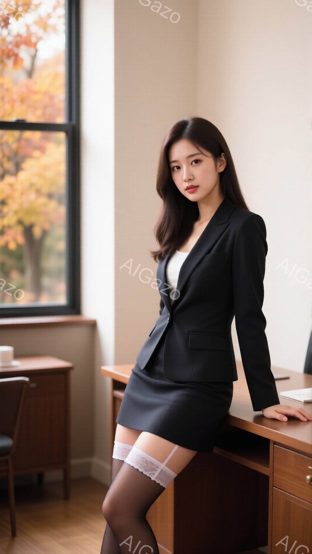 長いダークブラウンの髪をした女性が、黒いスーツジャケットとスカート、白いインナーを身に着けています。彼女はデスクにもたれかかっており、自信に満ちた表情でカメラを見つめています。背景には木々が見える窓と、木製の家具があり、落ち着いた雰囲気です。