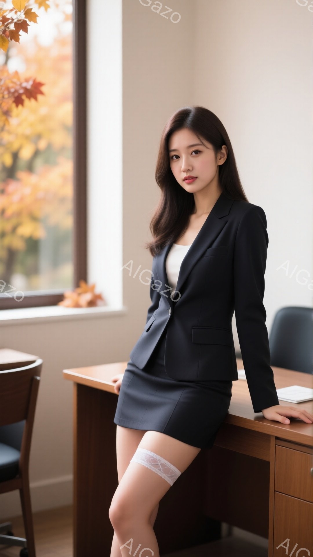 長い黒髪をセンターパートにした女性が、黒いスーツと白いトップスを着ています。彼女は机にもたれかかっており、少し挑発的な表情をしています。背景には窓から見える紅葉と、オフィスのような室内空間が見えます。 - AI生成フリー素材