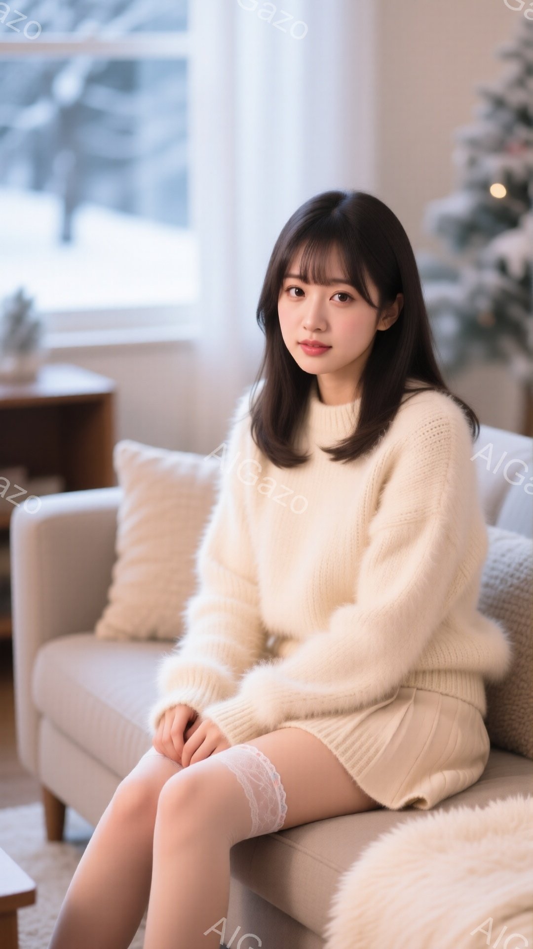 長いダークブラウンの髪で、前髪は眉毛にかかるようにカットされた女性が、クリーム色のふわふわしたセーターと白いスカート姿でソファに座っています。彼女は落ち着いた表情で、少し微笑んでいるようです。背景には - AI生成フリー素材