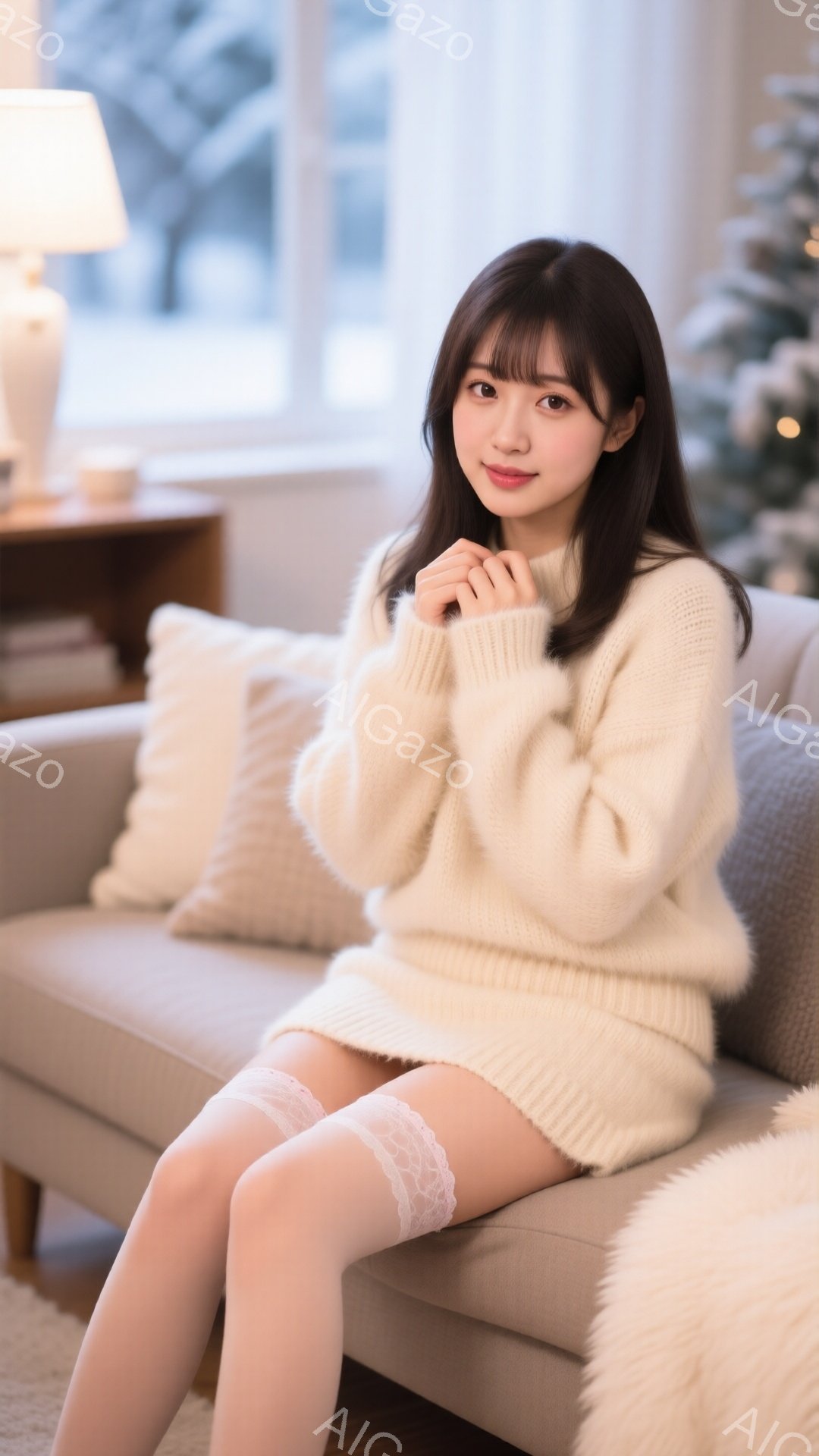 明るいリビングルームで、若い女性がソファに座っています。オフホワイトの毛羽立ったセーターと短いスカート、レースのついた白のストッキングを身に着け、両手を組んで微笑んでいます。背景には、クリスマスツリー - AI生成フリー素材