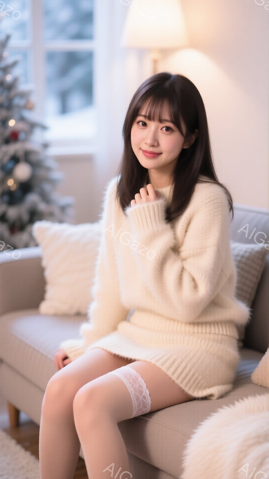 長い黒髪で、前髪は眉毛にかかるようにカットされた若い女性が、クリーム色のニットのワンピースと白いレース付きのストッキングを着用して、ベージュ色のソファに座っています。彼女は微笑んでおり、リラックスした - AI生成フリー素材