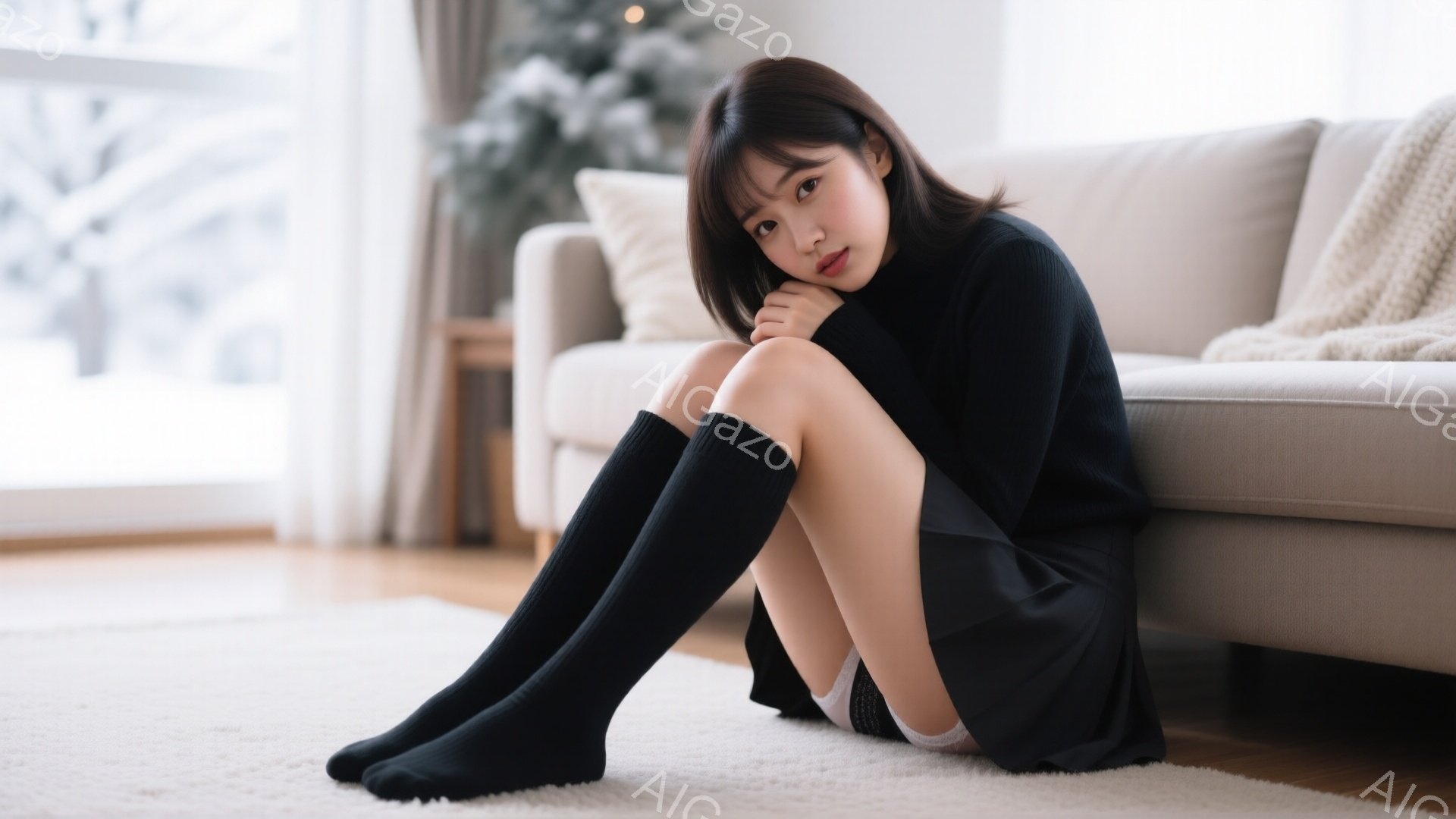 黒いセーターとスカートを身につけた若い女性が、白い毛足の長いラグの上に座っています。彼女は両膝を抱え、少し憂いを帯びた表情でこちらを見ています。背景には、クリーム色のソファと、ぼやけた植物が見え、室内 - AI生成フリー素材