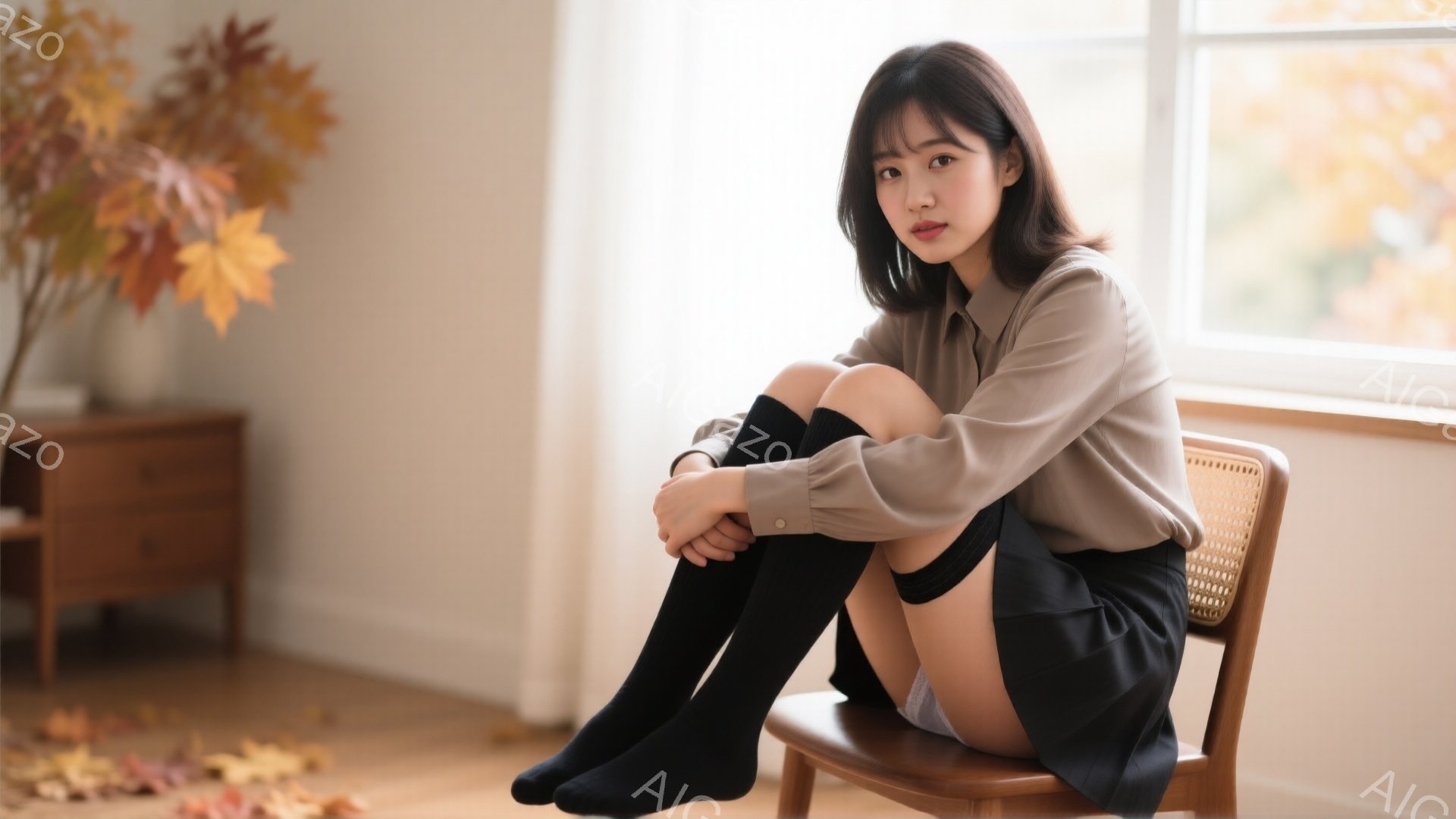 長いダークブラウンの髪は軽くカールし、前髪が顔にかかっています。ベージュ色のシャツと黒いスカート、そして膝上までの黒いソックスを着用し、椅子に座って膝を抱えています。背景には木製のキャビネットと窓があ - AI生成フリー素材