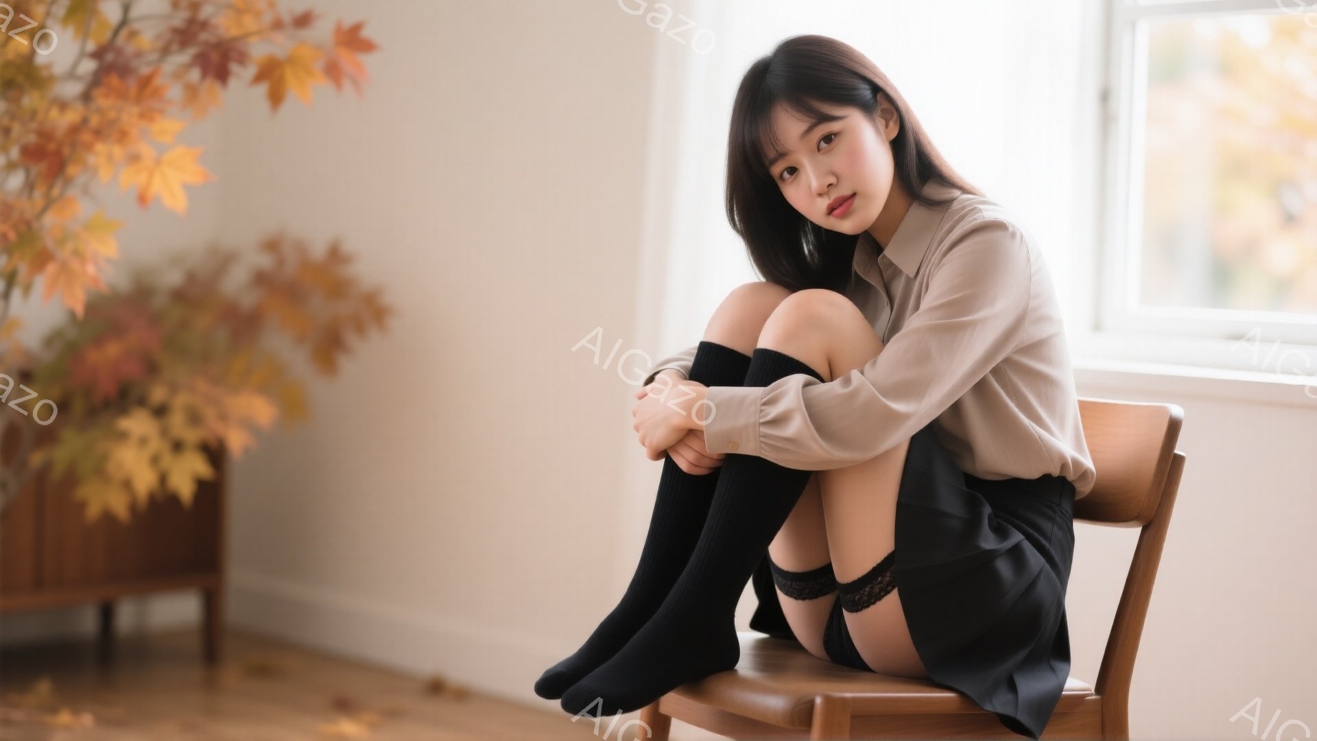 長い黒髪の女性が椅子に座り、膝を抱えています。ベージュ色のシャツと黒いスカート、黒いソックスを履いており、少し微笑んでいます。背景には木製の家具と窓から差し込む光があり、部屋全体が温かくて穏やかな雰囲 - AI生成フリー素材