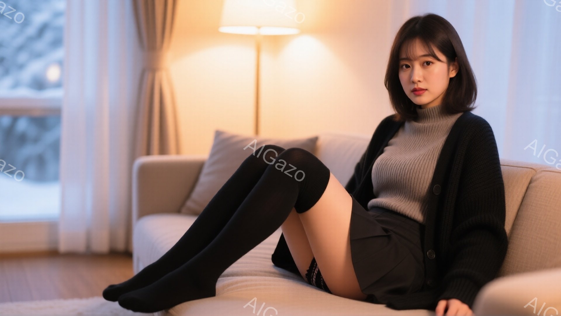 彼女は明るいリビングルームのソファに横たわり、グレーのセーターと黒のスカート、そして黒のニーハイソックスを着用しています。彼女は少し微笑んでおり、髪は肩の長さをしたストレートヘアです。背景には窓があり、外は雪景色で、暖かく居心地の良い雰囲気が漂っています。