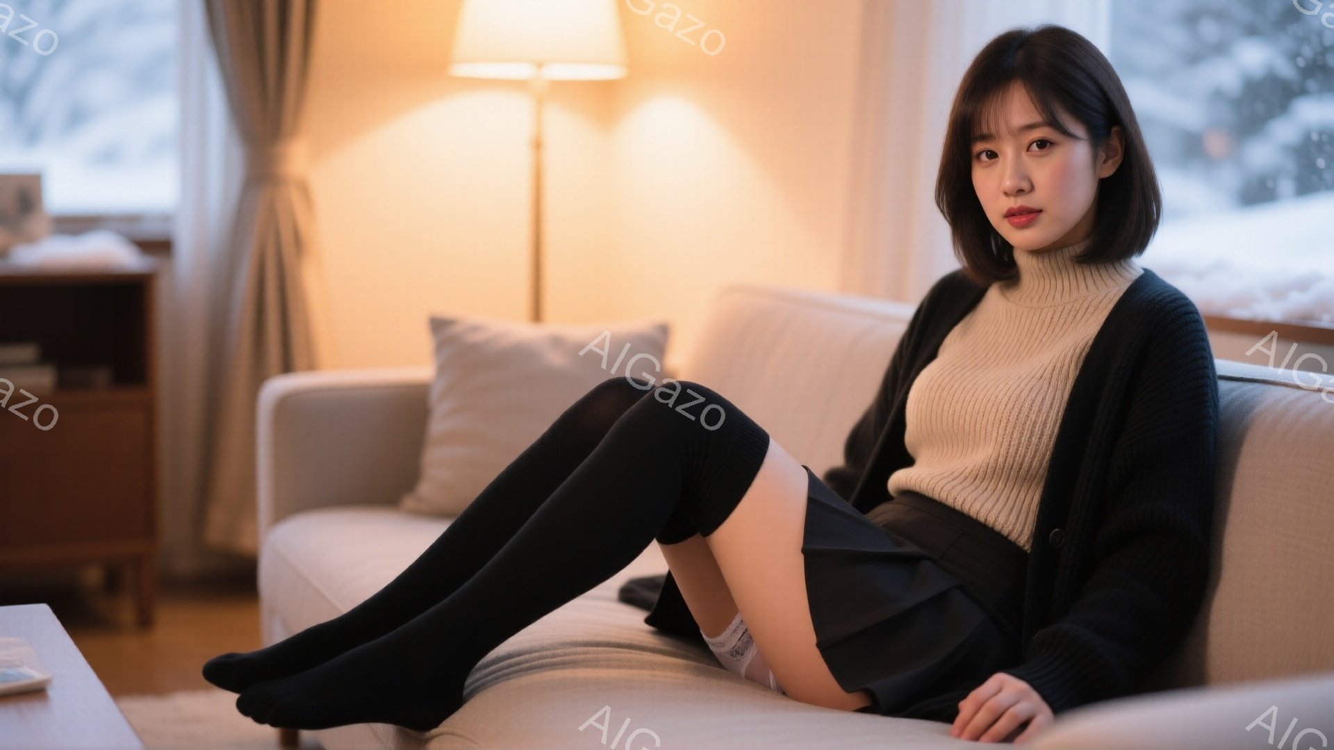 明るいリビングルームで、若い女性がソファに脚を組んで座っています。オフホワイトのニットセーターと黒のミニスカート、黒い膝丈ソックスを着用しており、黒いカーディガンを羽織っています。窓の外は雪景色で、室 - AI生成フリー素材