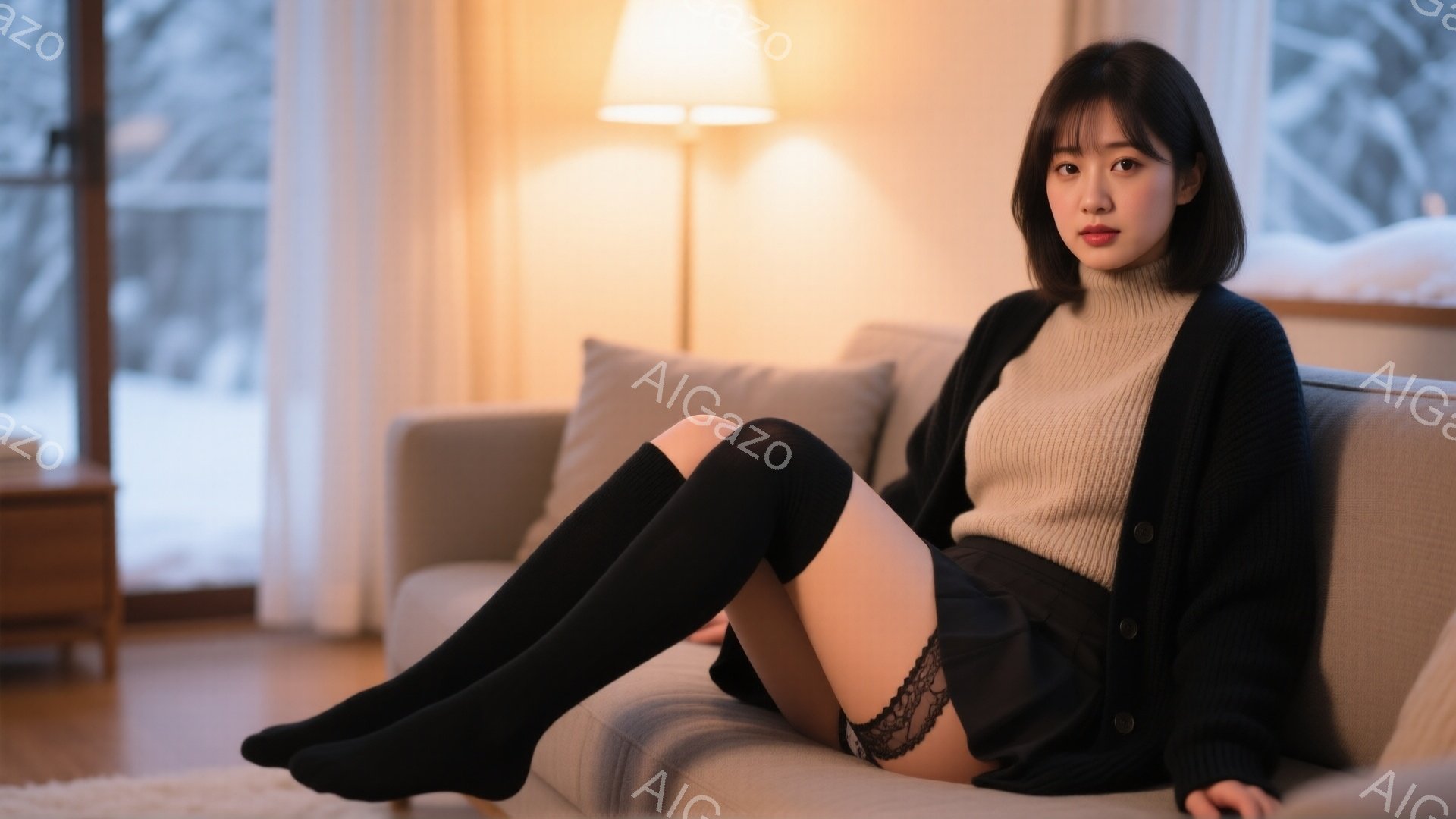 長いダークブラウンの髪を持つ若い女性が、明るいグレーのソファに座っています。彼女はクリーム色のタートルネックセーターと黒いカーディガン、黒いニーハイソックスを着用し、脚を組んでリラックスしたポーズをと - AI生成フリー素材