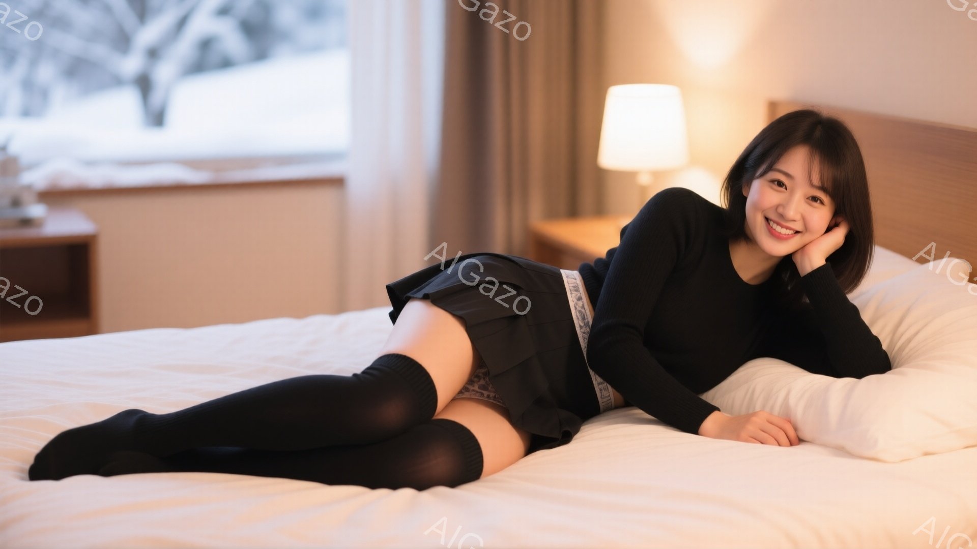 長い黒髪の女性が白いベッドの上に横たわっており、黒いセーターとプリーツのミニスカート、そして膝丈の黒いソックスを着用しています。彼女は片手を頬にあて、微笑みながらカメラを見ており、リラックスした姿勢で - AI生成フリー素材