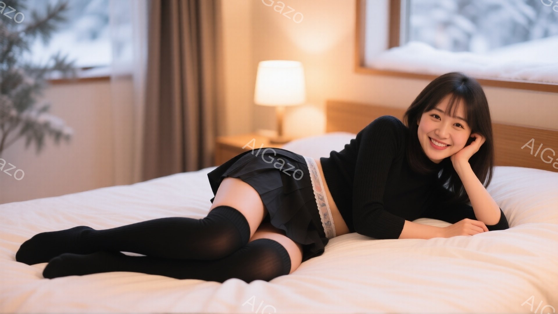 黒い長編みのセーターとミニスカート、そして長い黒い靴下を身につけた若い女性が白いベッドに横たわっています。彼女は微笑んでおり、片手を頬に当ててリラックスしたポーズを取っています。窓の外には雪景色が広が - AI生成フリー素材