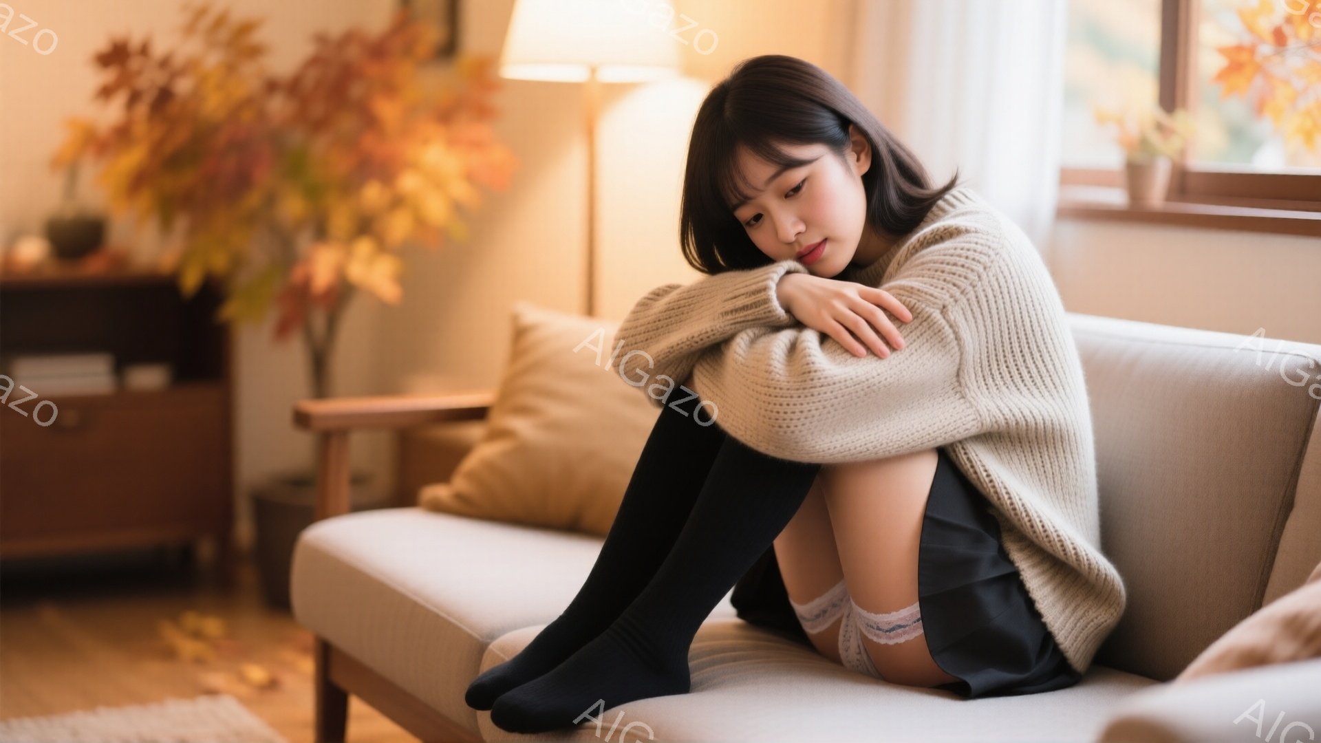 明るいリビングルームで、若い女性がソファに膝を抱えて座っています。ベージュの厚手のニットセーターと黒いニーハイソックス、短いスカートを着用し、少し寂しげな表情を浮かべています。窓からは秋の紅葉が見え、 - AI生成フリー素材