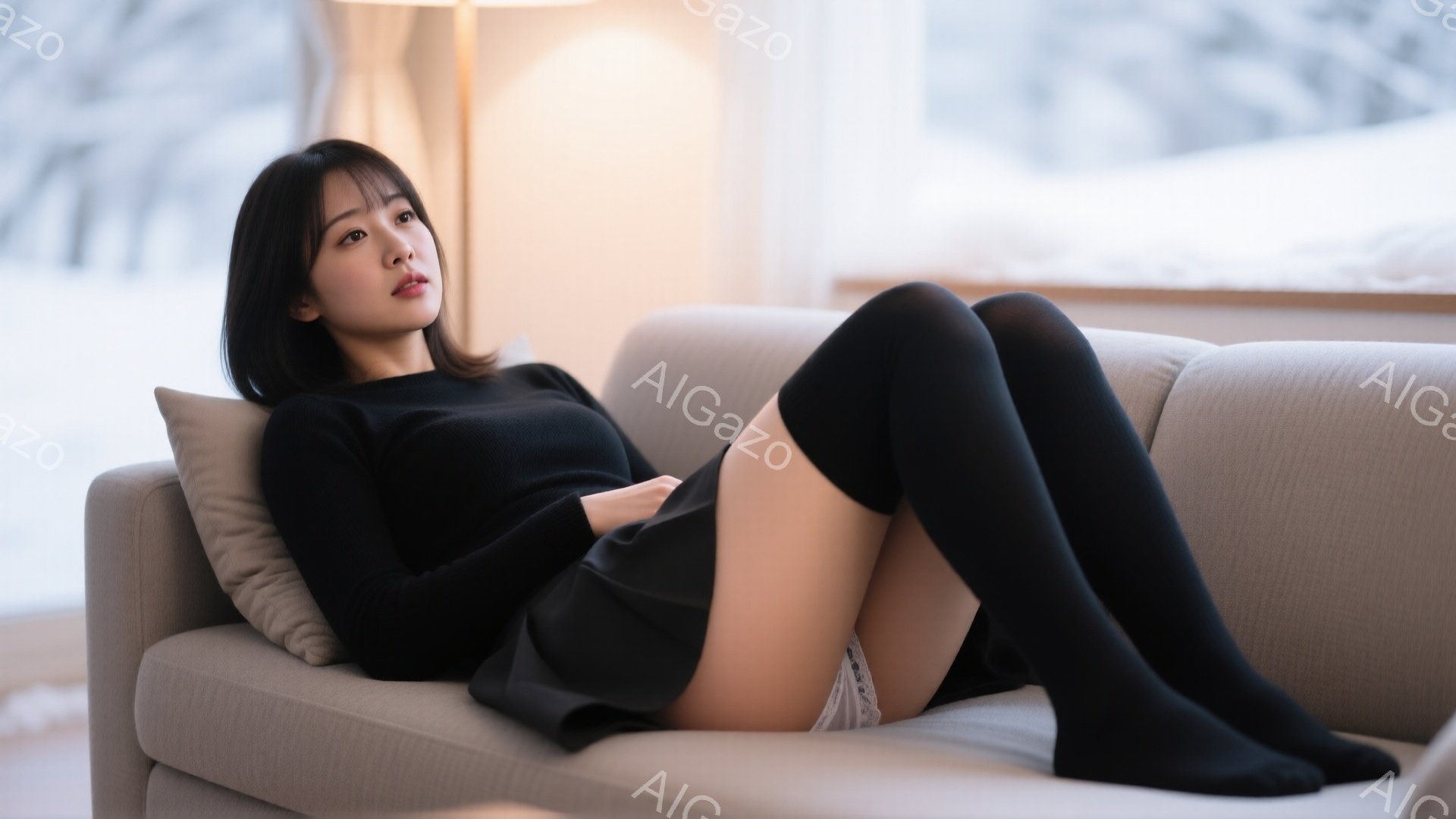 黒い長袖ニットとミニスカートを身につけた若い女性が、ベージュ色のソファに横たわっています。彼女は足を伸ばし、黒いニーハイソックスを履いており、少し微笑んだ表情でリラックスした様子です。背景には、雪景色 - AI生成フリー素材