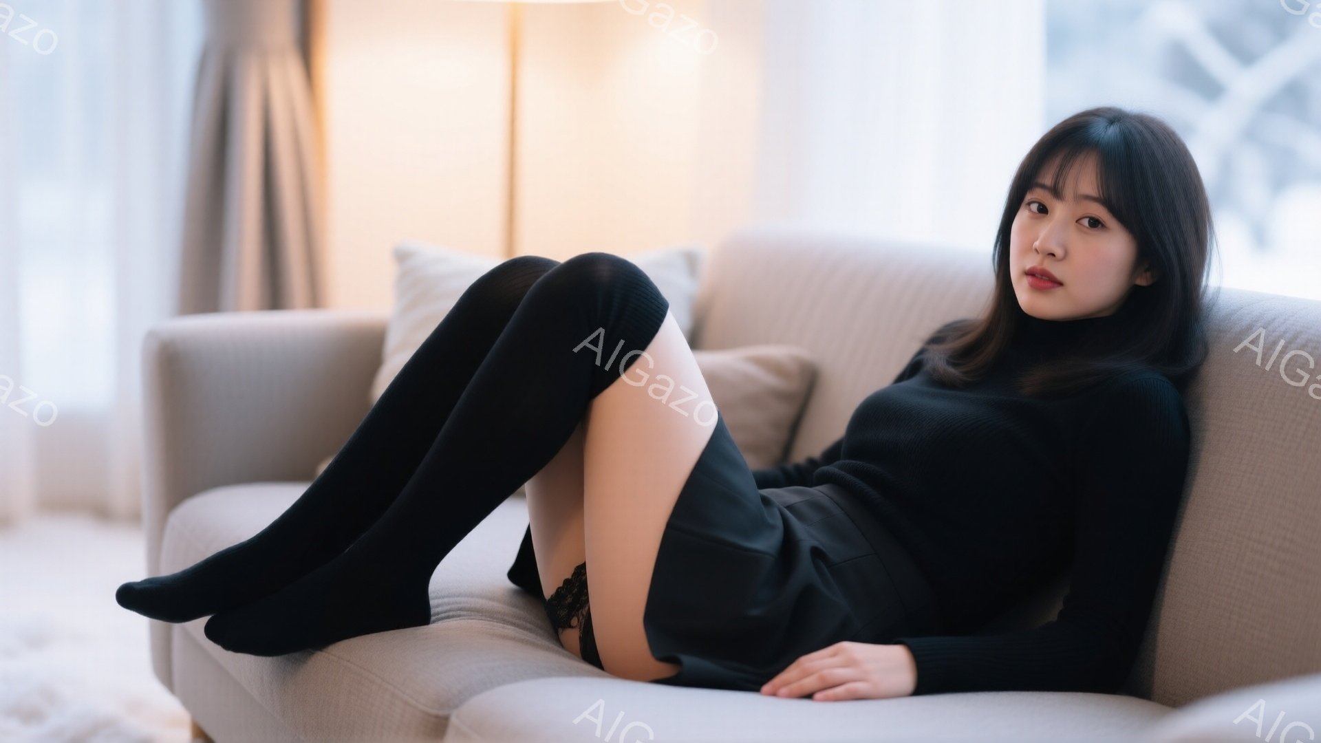 長い黒髪の女性がベージュのソファに横たわっており、黒の長靴とレースの縁取りのある黒いショートパンツを着用しています。彼女は黒の長袖セーターを着ており、リラックスした姿勢で片手を胸に当てています。背景は明るい室内で、窓から自然光が差し込み、柔らかな雰囲気を醸し出しています。