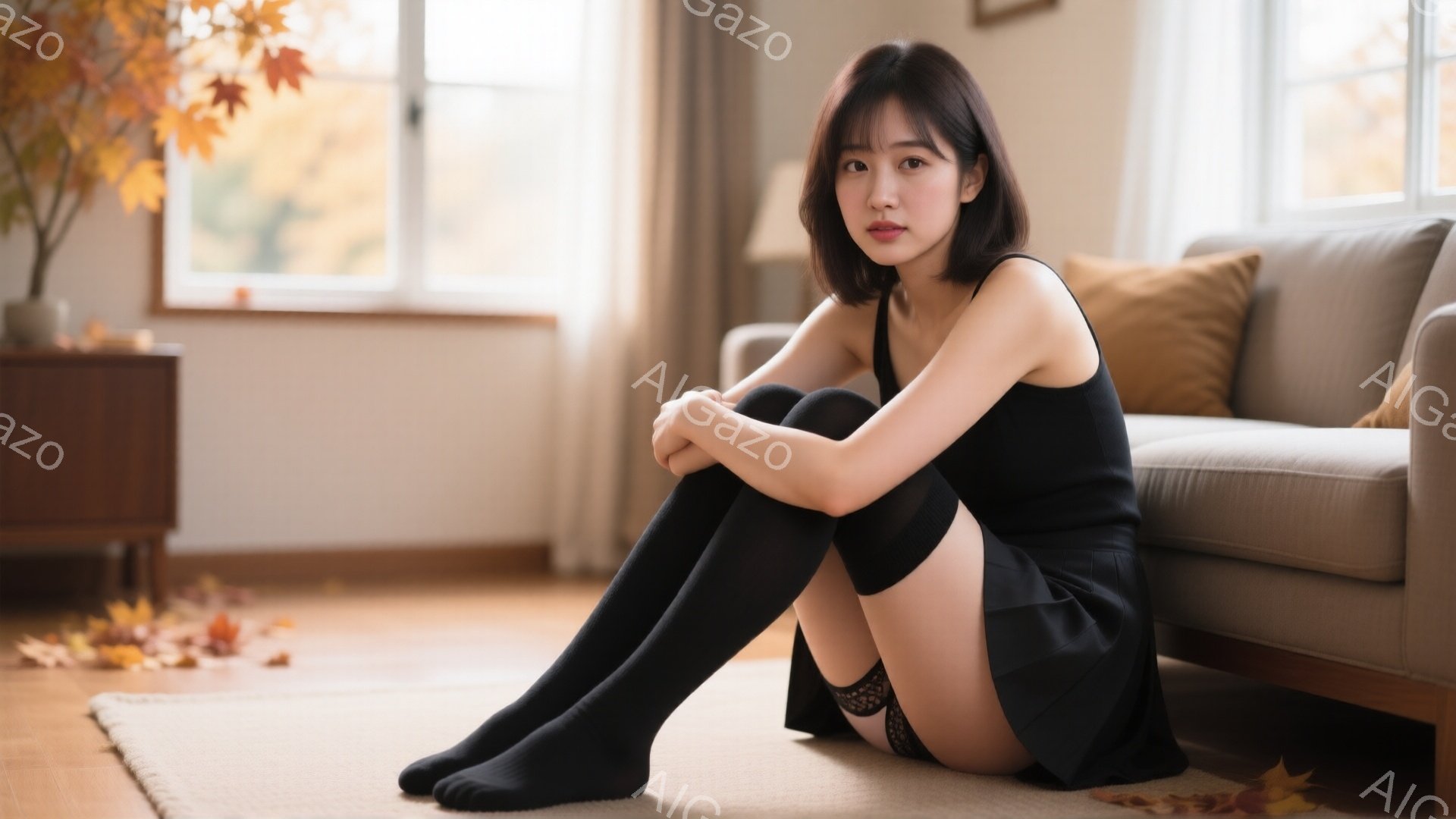 黒いニーハイソックスとミニスカートを着用した若い女性が、ベージュのソファの前に座って膝を抱えています。彼女はダークブラウンの短いボブヘアで、少し憂いを帯びた表情をしています。背景には、秋の葉が散らばっ - AI生成フリー素材