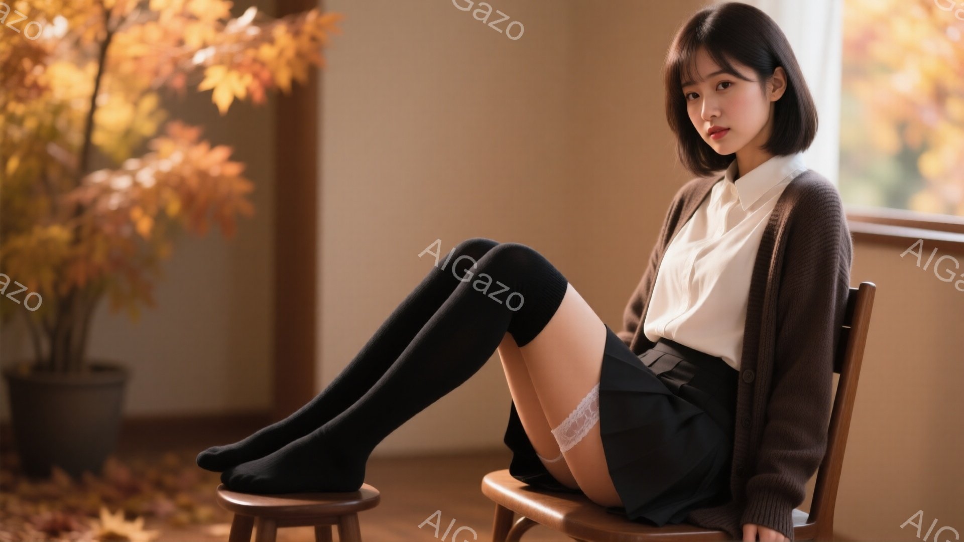 若い女性が椅子に座り、膝を曲げて足を組んでいる。白いシャツに黒いスカートと膝丈の黒いソックスを履き、ベージュのカーディガンを着ている。背景には秋の紅葉が映り、暖かく穏やかな雰囲気を醸し出している。 - AI生成フリー素材