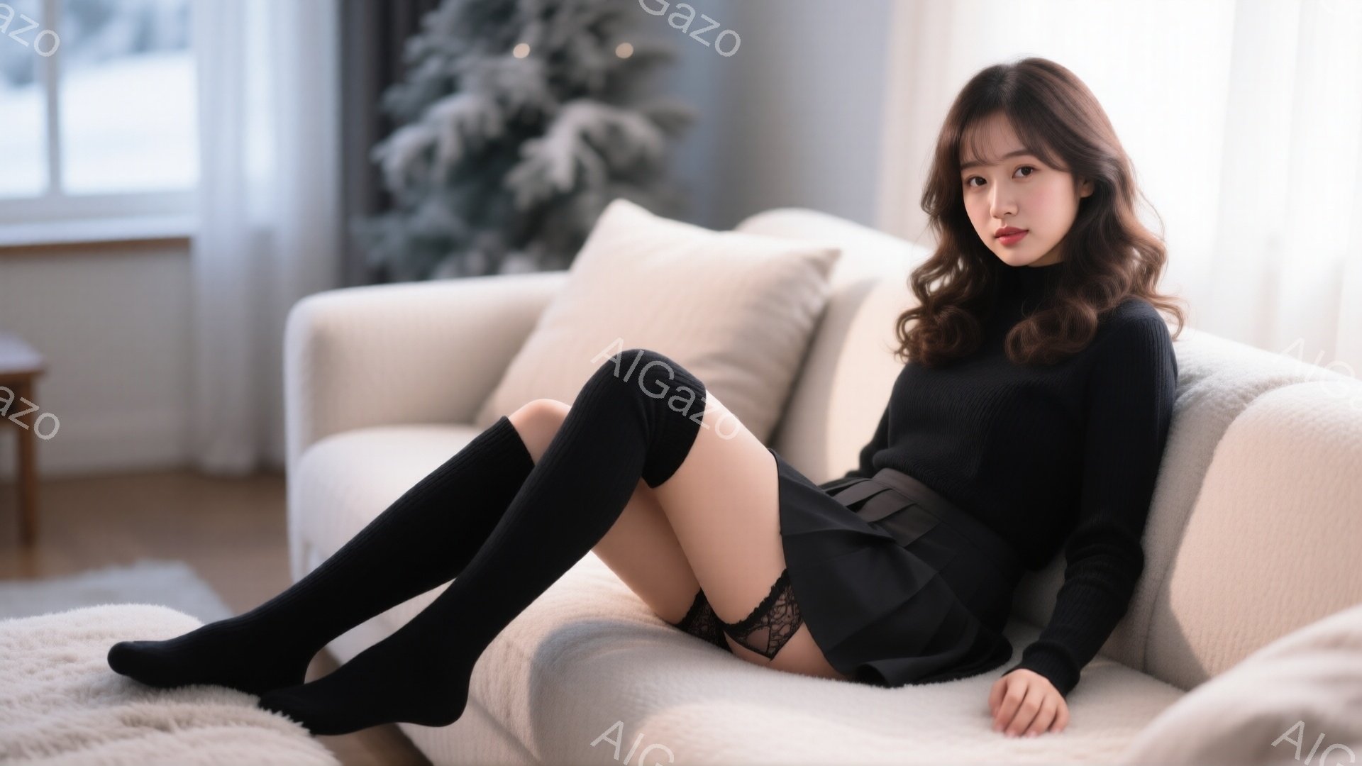 長い茶色の髪をセンターパートにした女性が、クリーム色のソファに横たわっています。黒い長袖のセーターと短いプリーツスカート、そして黒いニーハイソックスを履いており、片足をもう一方の膝に乗せてリラックスし - AI生成フリー素材