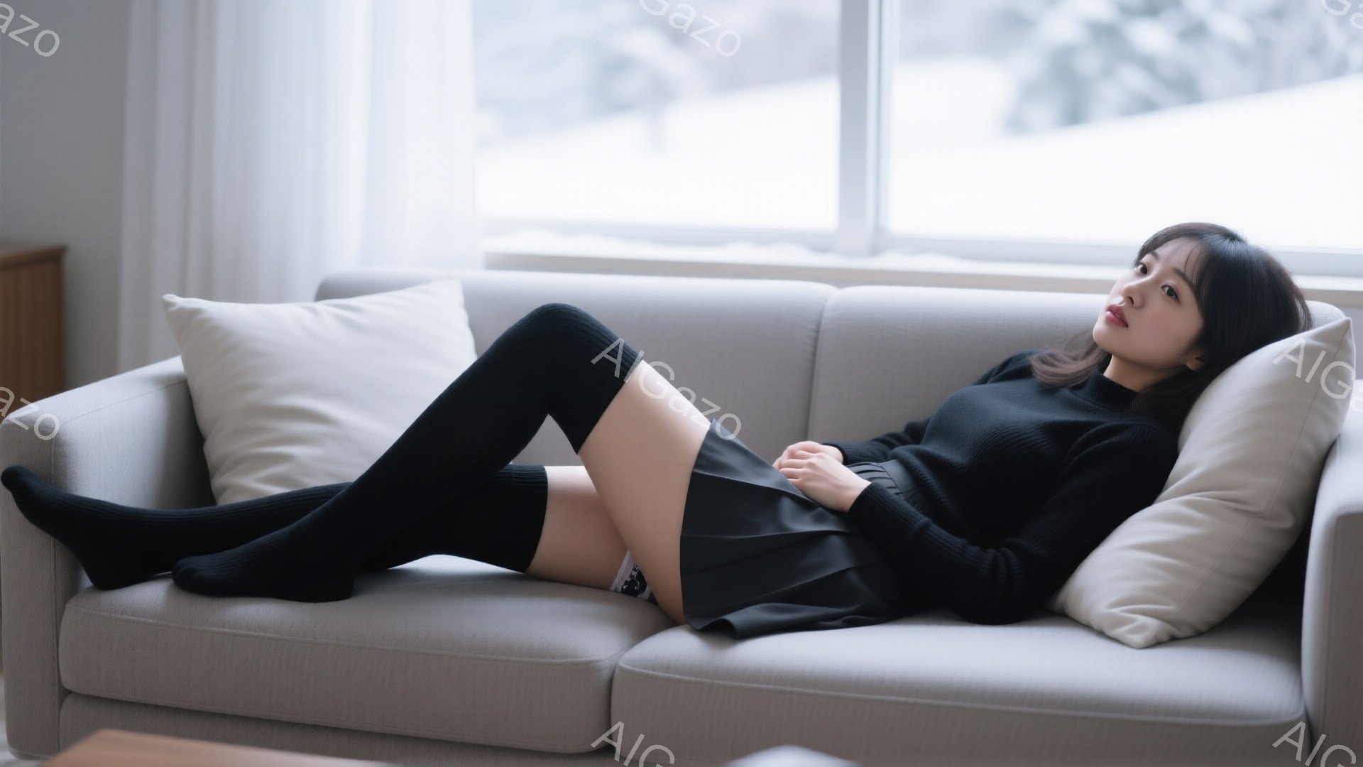 長い黒い靴下とミニスカートを着用した女性が、明るいグレーのソファに横たわっています。彼女は黒いセーターを着ており、片手を頭の下に置いてリラックスした表情をしています。窓の外には雪景色が広がっており、室 - AI生成フリー素材