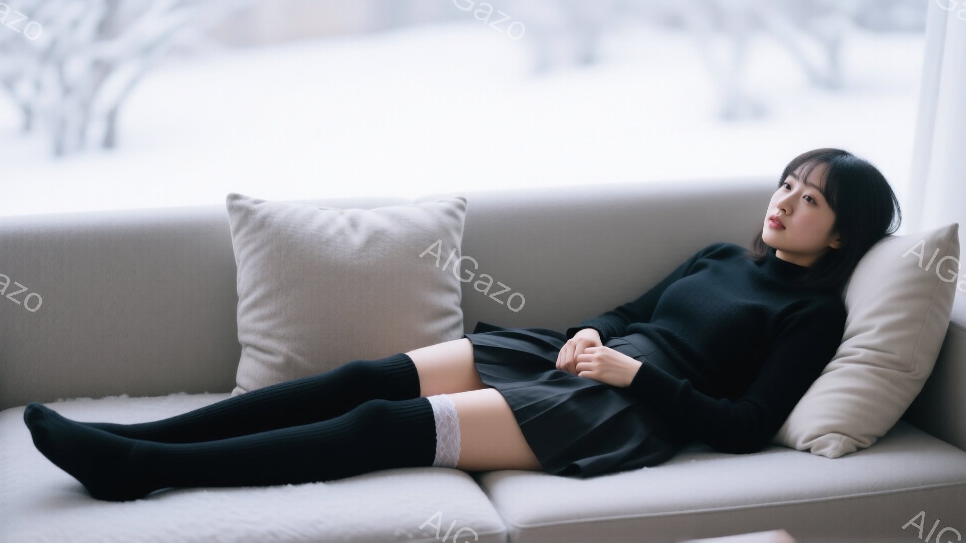 長い黒髪の女性が、クリーム色のソファに横たわっている。黒いタートルネックのセーターとプリーツスカート、膝丈の黒いソックス、白いレースの縁取りが付いたものを身に着けており、リラックスした表情で天井を見上 - AI生成フリー素材