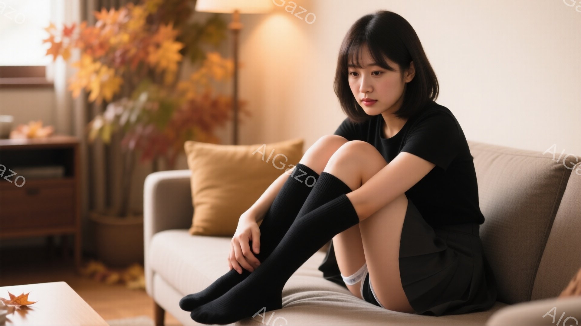 黒髪の若い女性がベージュのソファに座り、膝を抱えています。彼女は黒い長袖シャツとグレーのスカート、黒い膝下ソックスを着用しており、少し憂鬱そうな表情をしています。背景には、オレンジ色の花が飾られたキャビネットと、明るいリビングルームの様子が見えます。