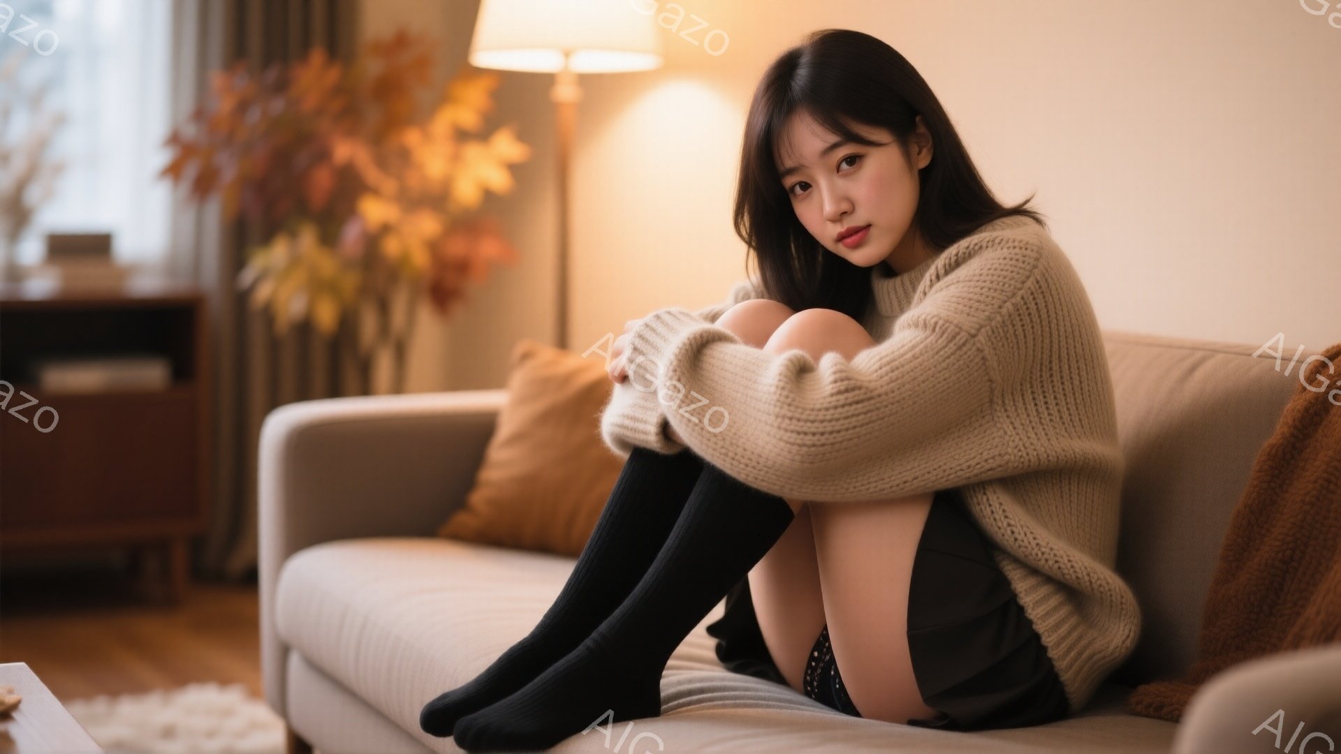 明るいリビングルームで、若い女性がベージュのオーバーサイズニットに黒いニーハイソックスを履いてソファに座っている。彼女は膝を抱え、やや物憂げな表情でカメラを見つめている。背景には木製の棚と黄色い花が飾られており、暖かくリラックスした雰囲気が漂っている。