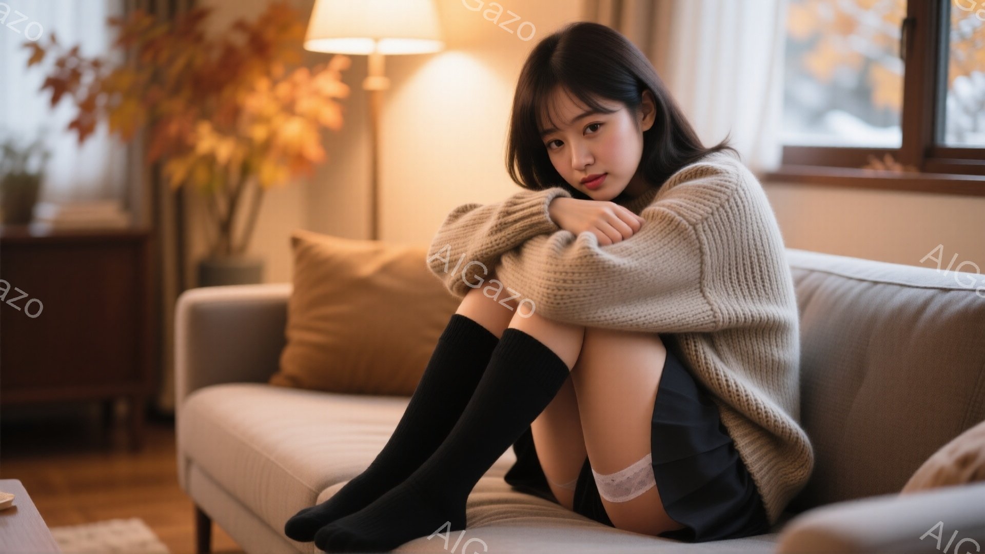 明るいリビングルームのソファに座った若い女性が写っている。ベージュのゆったりとしたニットを着て、黒いニーハイソックスを履き、膝を抱えており、少し物憂げな表情をしている。背景には、暖かい光が差し込む窓と - AI生成フリー素材