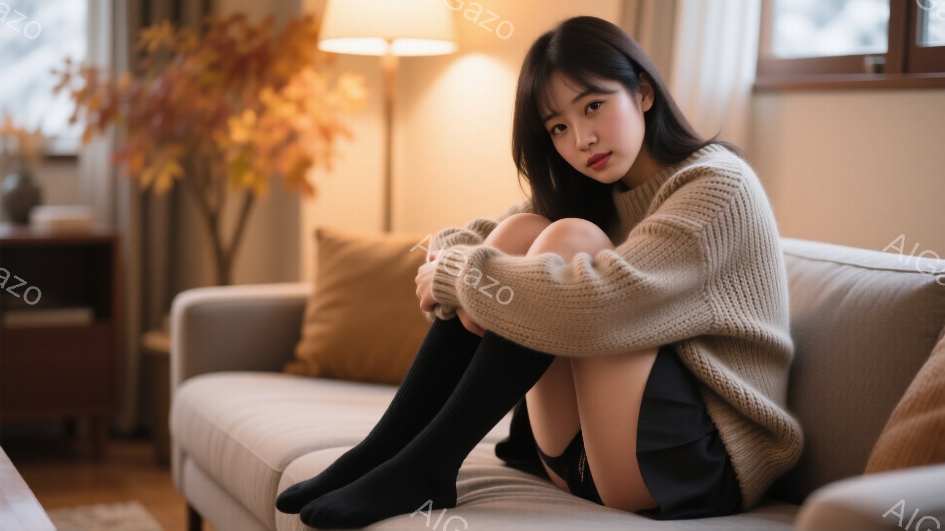 長い黒髪をセンターパートにした女性が、ベージュのざっくりとしたニットセーターと黒いニーハイソックスを着用し、白いソファに膝を抱えて座っています。彼女は少し微笑んでおり、リラックスした雰囲気です。背景には茶色のクッションやランプ、そして植物が見え、暖かく穏やかな室内空間を表しています。