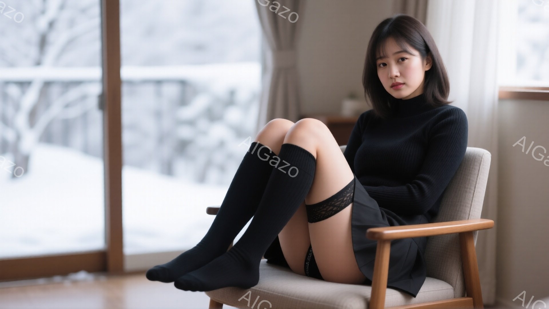 長い黒髪の女性が椅子に座っており、黒のタートルネックセーターと短い黒いスカート、そして膝丈の黒いソックスを着用しています。彼女はわずかに微笑んでおり、リラックスした姿勢で足を組んでいます。背景には雪景 - AI生成フリー素材