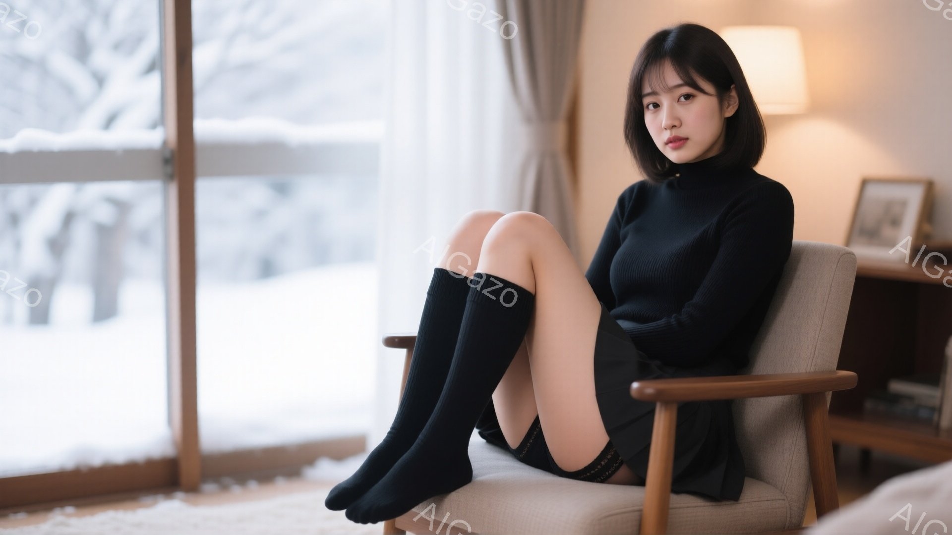 黒いタートルネックセーターと短いスカート、そして黒いソックスを身につけた女性が、窓際の椅子に座っています。彼女は少し微笑んでおり、リラックスした表情をしています。背景には雪景色が見え、室内は暖かく、落 - AI生成フリー素材