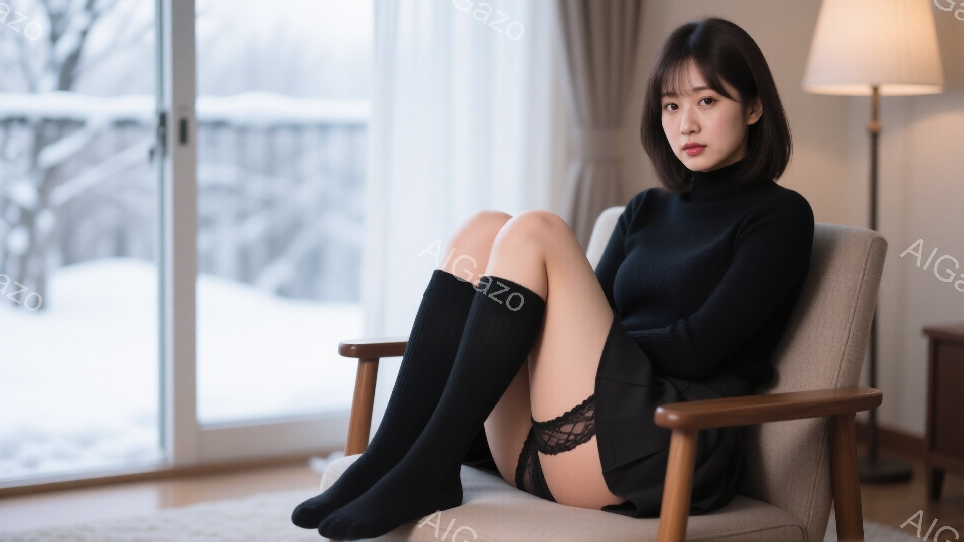 黒いタートルネックセーターと短いスカート、黒い膝下ソックスを着用した若い女性が椅子に座っています。彼女は足を組み、少し困ったような表情で正面を見ています。窓の外には雪景色が広がり、室内は温かく落ち着い - AI生成フリー素材