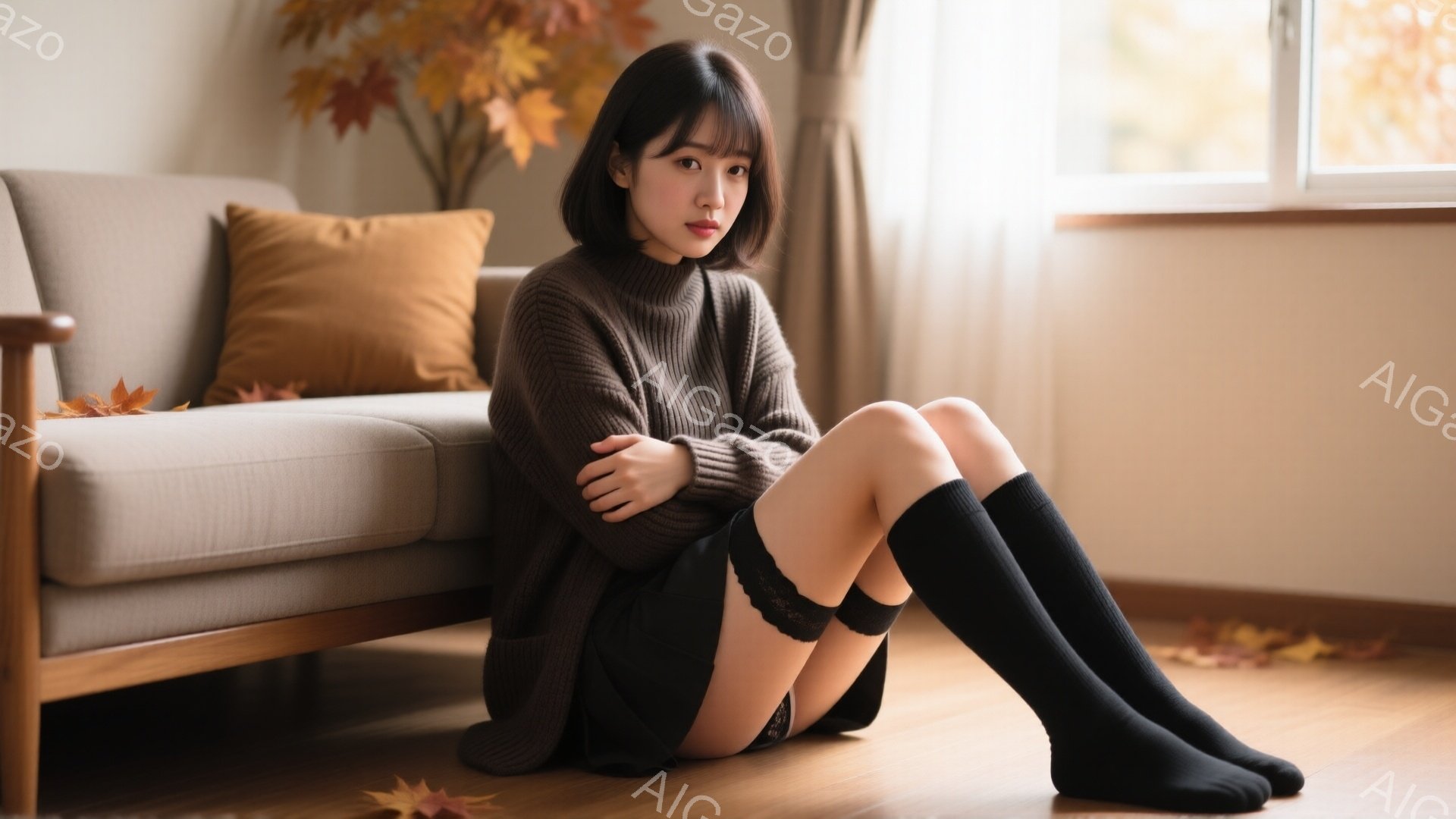 茶色のカーディガンと黒のミニスカート、膝丈の靴下を着用した若い女性が、ベージュ色のソファの横の木の床に座っています。彼女は腕を組んで少し憂鬱そうな表情をしています。背景には窓と落ち葉、そしてオレンジ色 - AI生成フリー素材