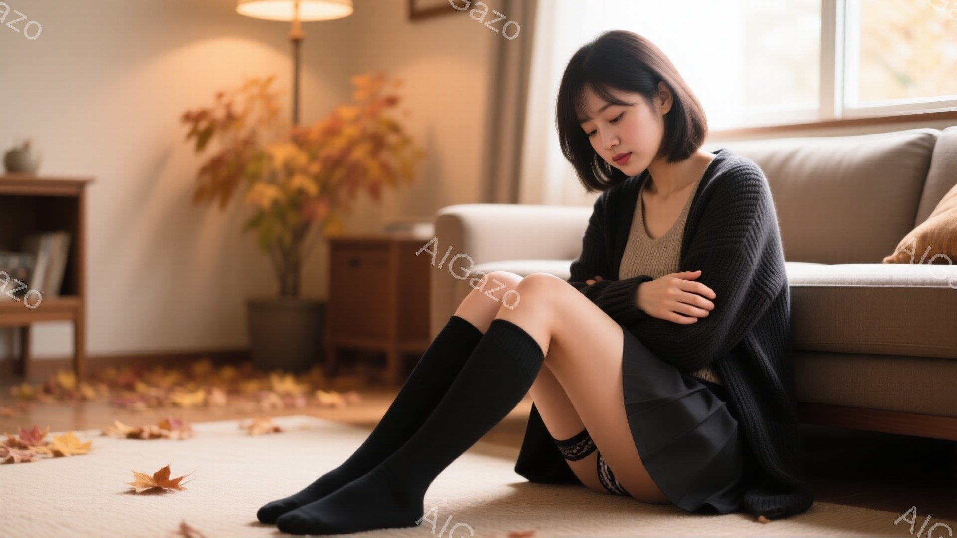 短い黒髪の女性が、ベージュ色のソファーの前に床に座っています。黒いニットカーディガンと短いスカート、黒い膝下ソックスを着用し、両腕で膝を抱え、少し悲しげな表情を浮かべています。背景には木製のキャビネットや観葉植物があり、床には散りばめられた紅葉が秋の雰囲気を醸し出しています。
