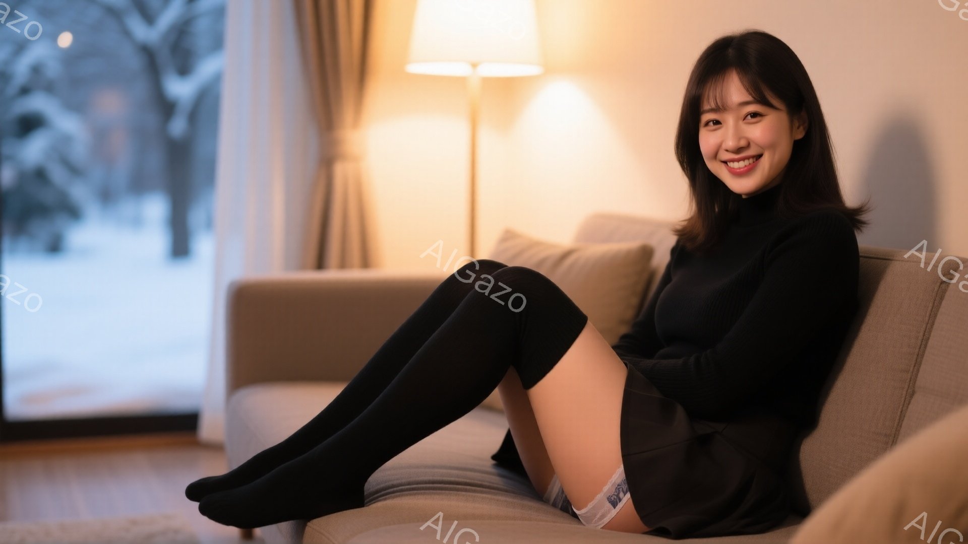 女性はソファに脚を組んで座っており、黒の長袖セーターとスカート、黒いニーハイソックスを着用しています。彼女は微笑んでおり、髪は肩にかかる長さで、前髪があります。背景には窓があり、雪景色が見え、暖色系の - AI生成フリー素材