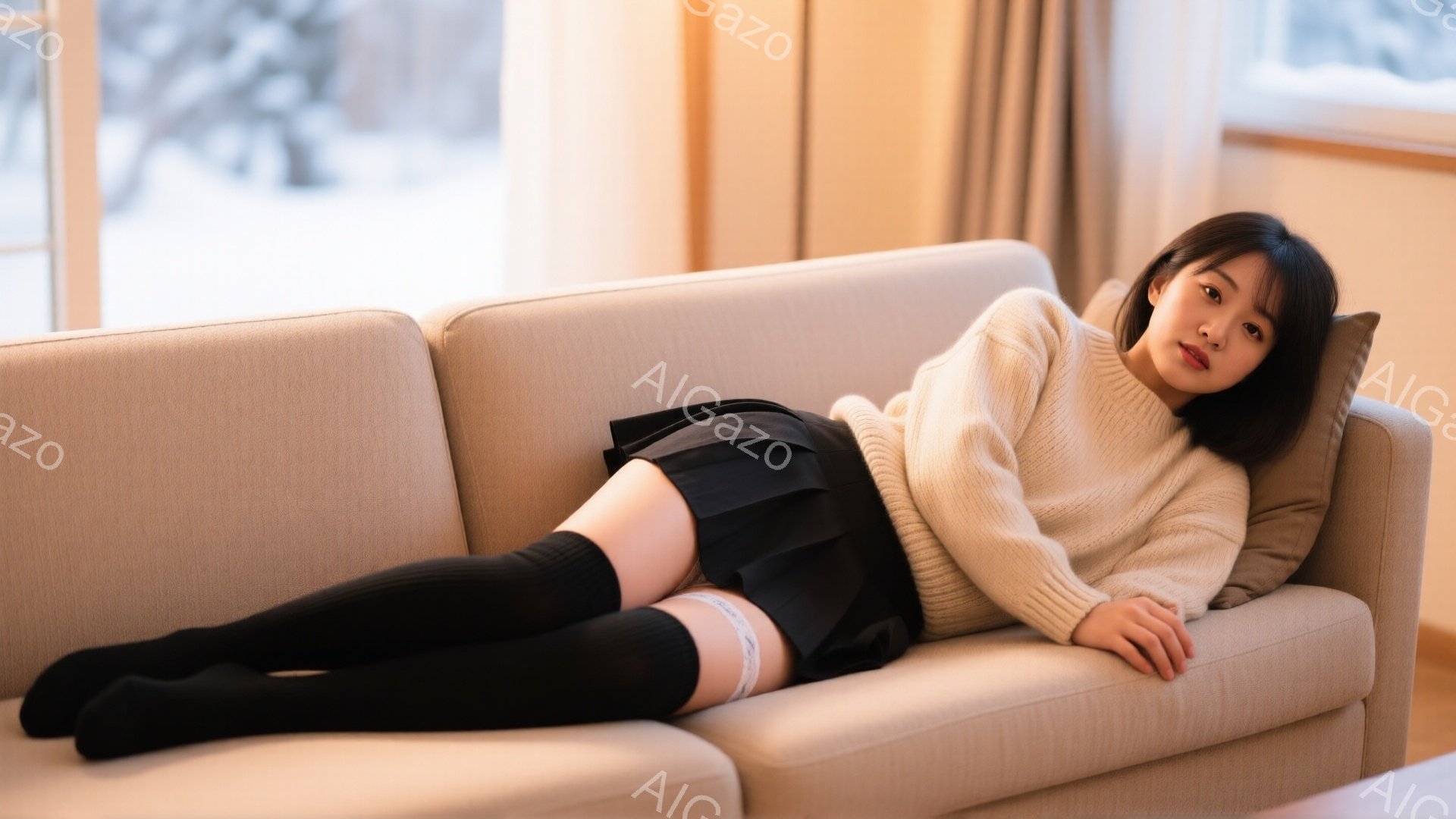 長い黒い靴下とミニスカートを履いた若い女性が、ベージュ色のソファに横たわっています。彼女はオフホワイトのセーターを着ており、髪はダークカラーで、リラックスした表情をしています。窓の外には雪景色が見え、部屋全体が暖かく穏やかな雰囲気を醸し出しています。