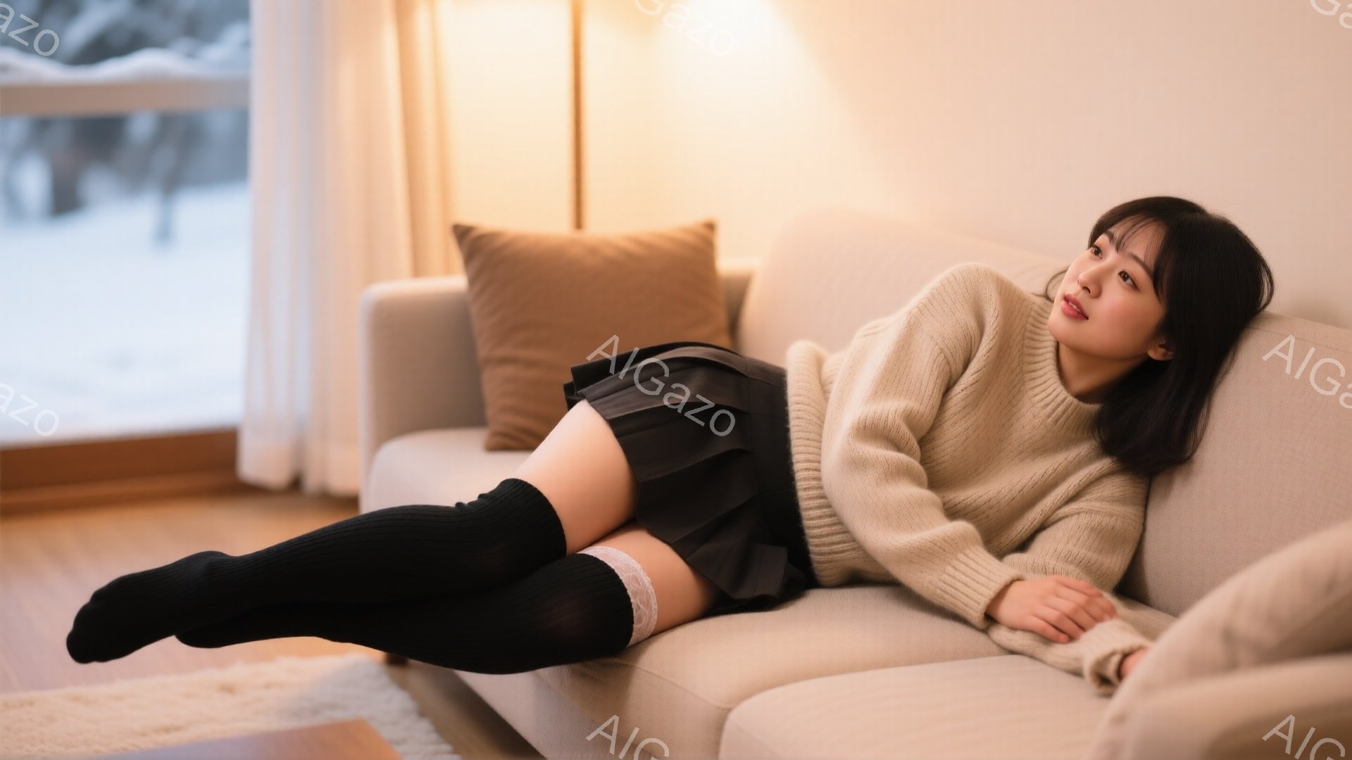 長い黒いソックスと短いプリーツスカートを履いた女性が、ベージュのニットセーターを着てソファに横たわっている。彼女は軽く微笑み、リラックスした表情でカメラを見ている。背景には木製の床と薄暗い光が差し込む - AI生成フリー素材