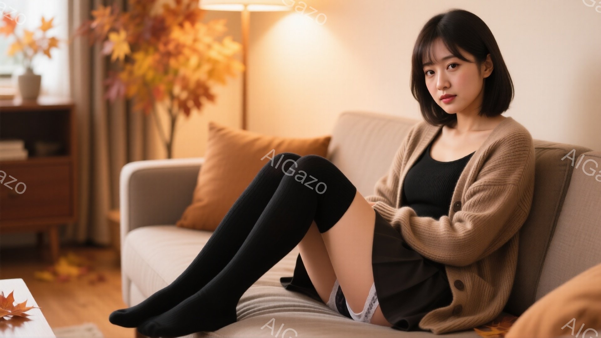 茶色のカーディガンを着た若い女性が、灰色のソファに座って足を組んでいます。彼女は黒いニーハイソックスと黒いミニスカートを履いており、顔は少し憂いを含んだ表情です。背景には木製のキャビネットと黄色の葉が - AI生成フリー素材