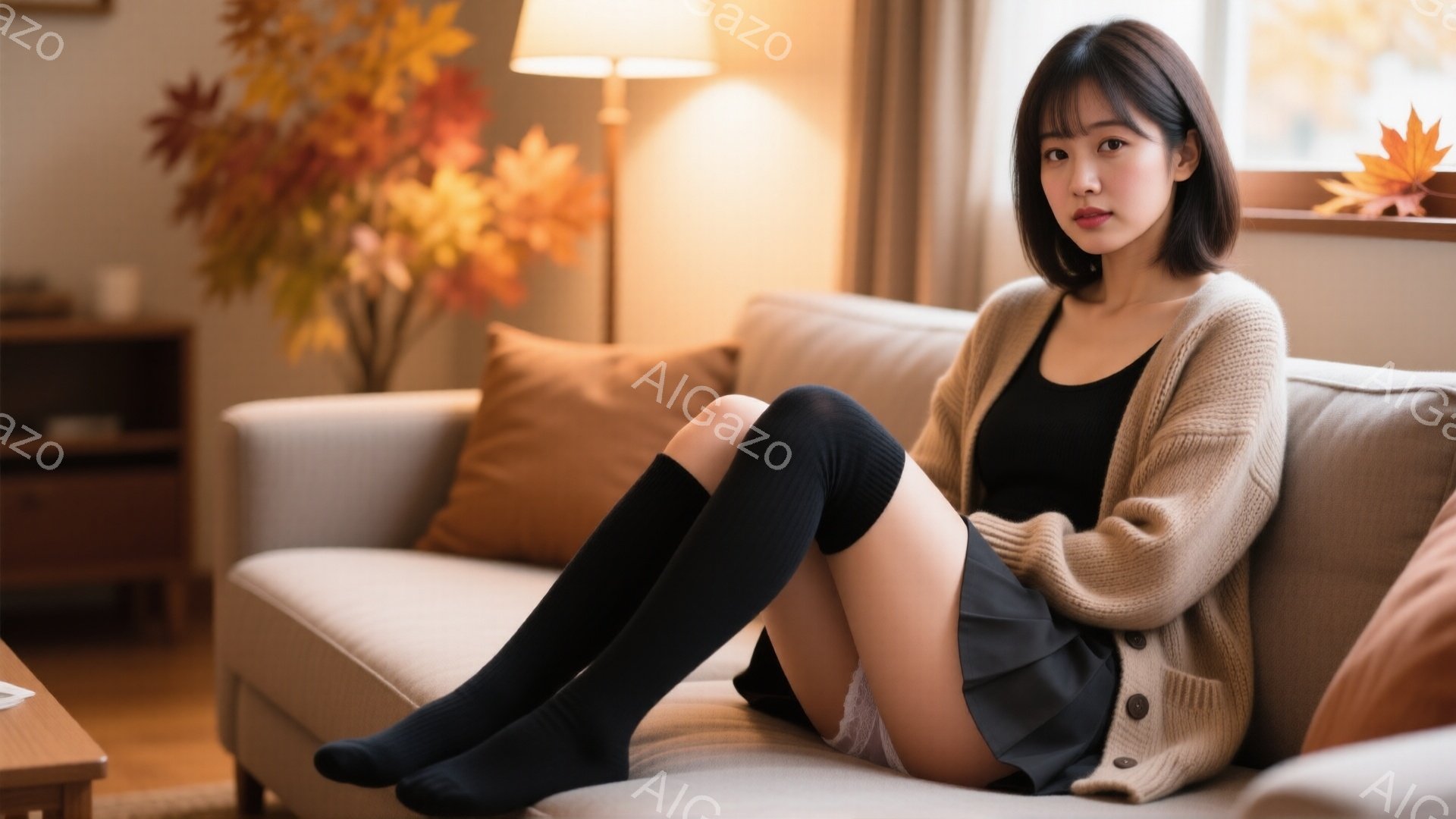 明るいリビングルームのソファに座る若い女性が写っています。彼女は黒いニットのロングソックスと、レースの縁取りのある短いスカート、黒いタンクトップ、そしてベージュ色のカーディガンを着ています。彼女の髪は - AI生成フリー素材