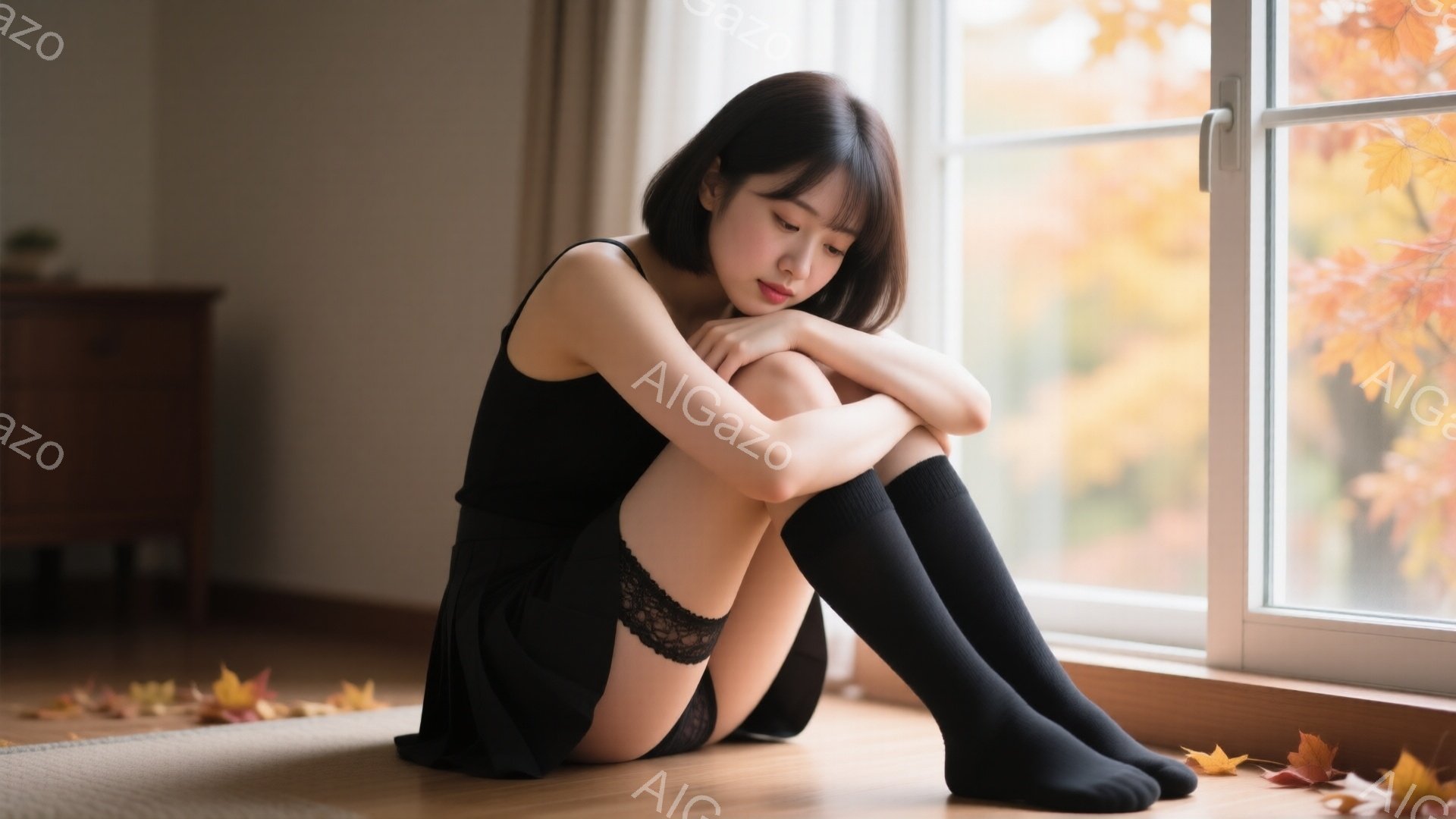 黒い膝上ソックスと黒いミニスカート、黒いタンクトップを着た若い女性が、窓のそばの床に座って膝を抱えています。彼女は少し悲しげな表情をしており、窓の外には紅葉した木々と落ち葉が見えます。室内は暖かく、落ち着いた雰囲気で、秋の寂しさを感じさせます。